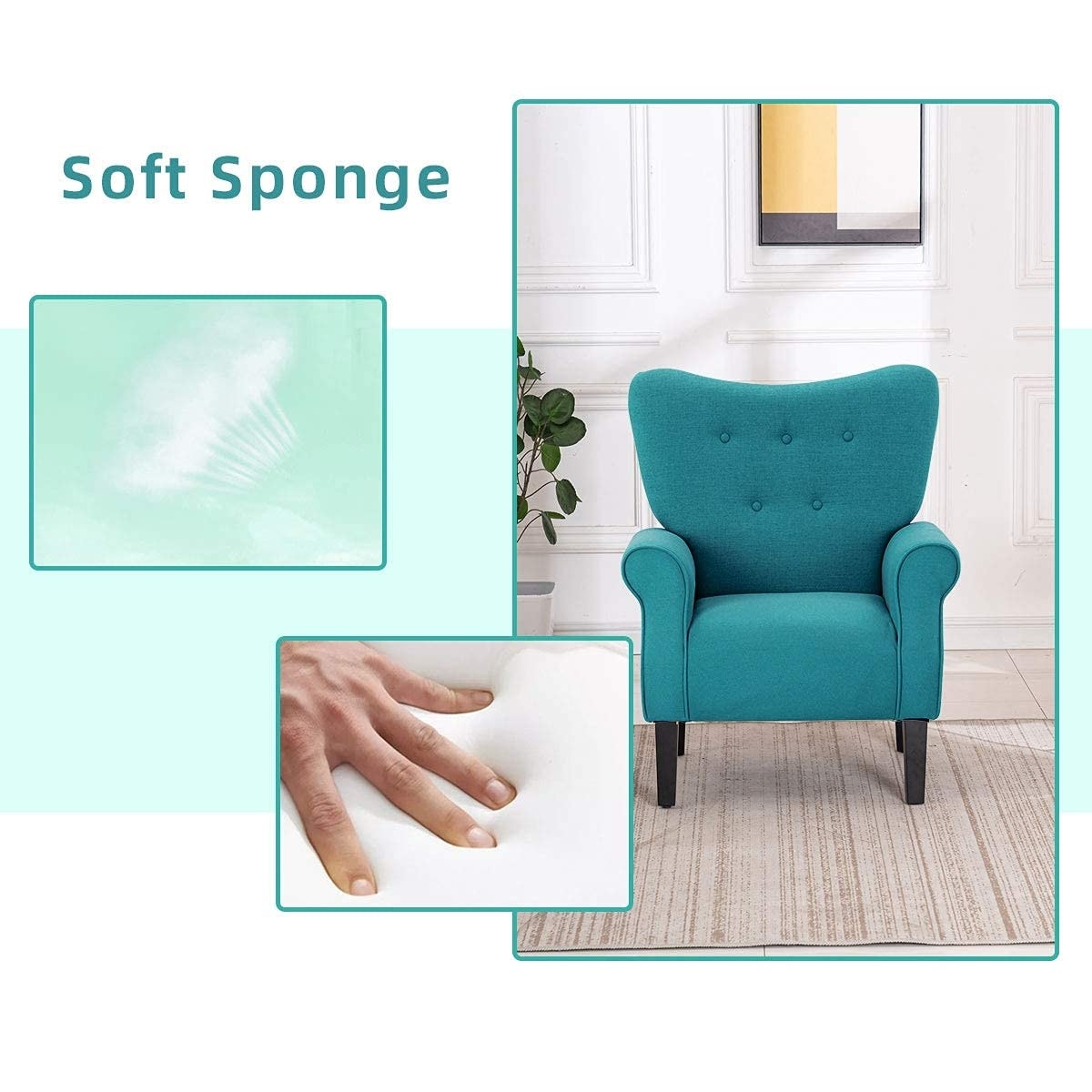 Fauteuil d'appoint moderne Erommy, fauteuil à dossier haut, canapé simple en tissu rembourré avec pieds en bois pour le salon