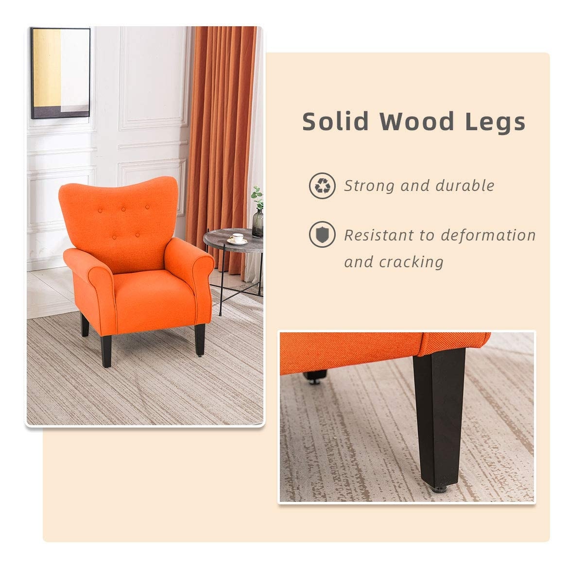 Fauteuil d'appoint moderne Erommy, fauteuil à dossier haut, canapé simple en tissu rembourré avec pieds en bois pour le salon