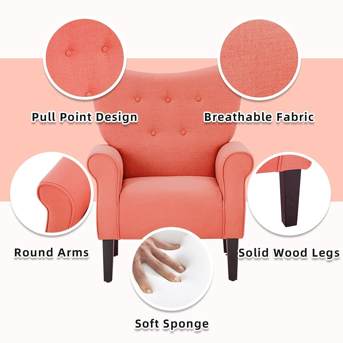 Fauteuil d'appoint moderne Erommy, fauteuil à dossier haut, canapé simple en tissu rembourré avec pieds en bois pour le salon
