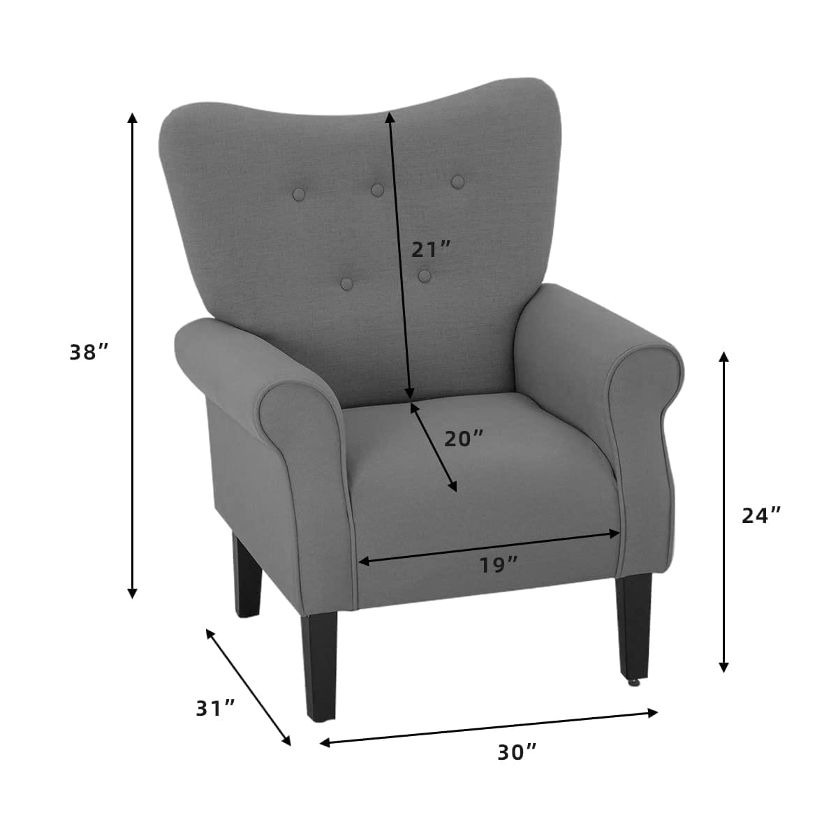 Fauteuil d'appoint moderne Erommy, fauteuil à dossier haut, canapé simple en tissu rembourré avec pieds en bois pour le salon