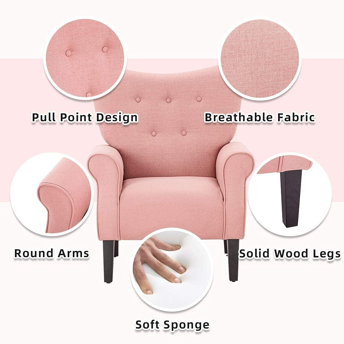 Fauteuil d'appoint moderne Erommy, fauteuil à dossier haut, canapé simple en tissu rembourré avec pieds en bois pour le salon