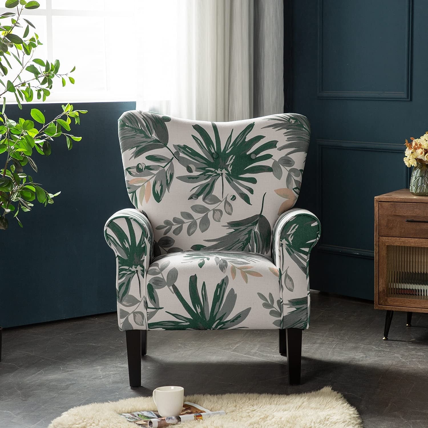 Fauteuil d'appoint moderne Erommy, fauteuil à dossier haut, canapé simple en tissu rembourré avec pieds en bois pour le salon