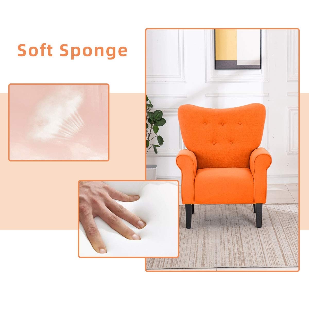 Fauteuil d'appoint moderne Erommy, fauteuil à dossier haut, canapé simple en tissu rembourré avec pieds en bois pour le salon