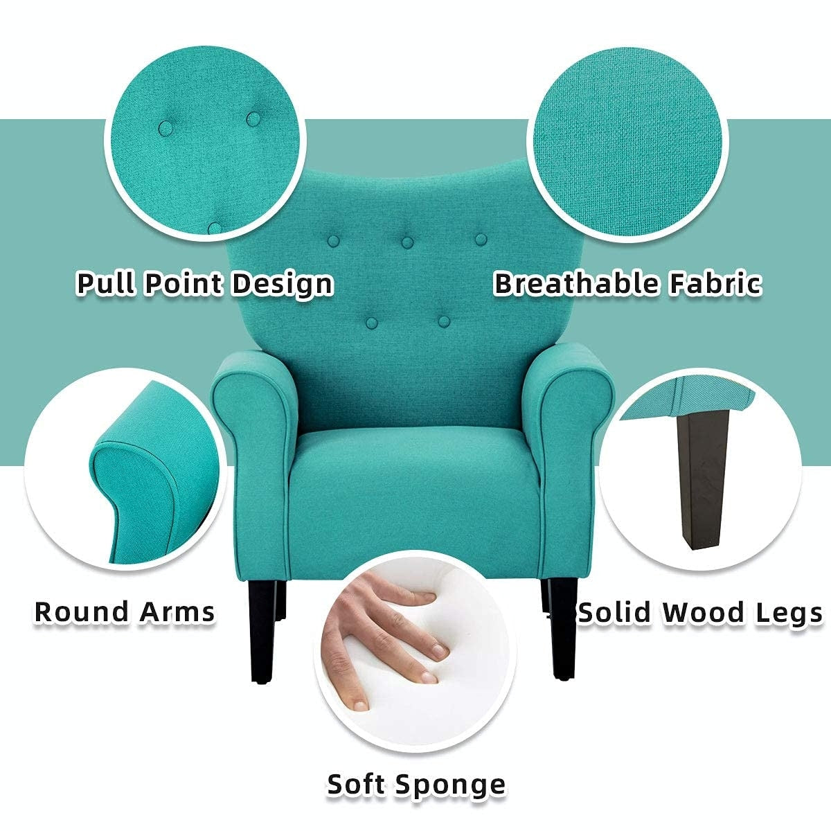 Fauteuil d'appoint moderne Erommy, fauteuil à dossier haut, canapé simple en tissu rembourré avec pieds en bois pour le salon