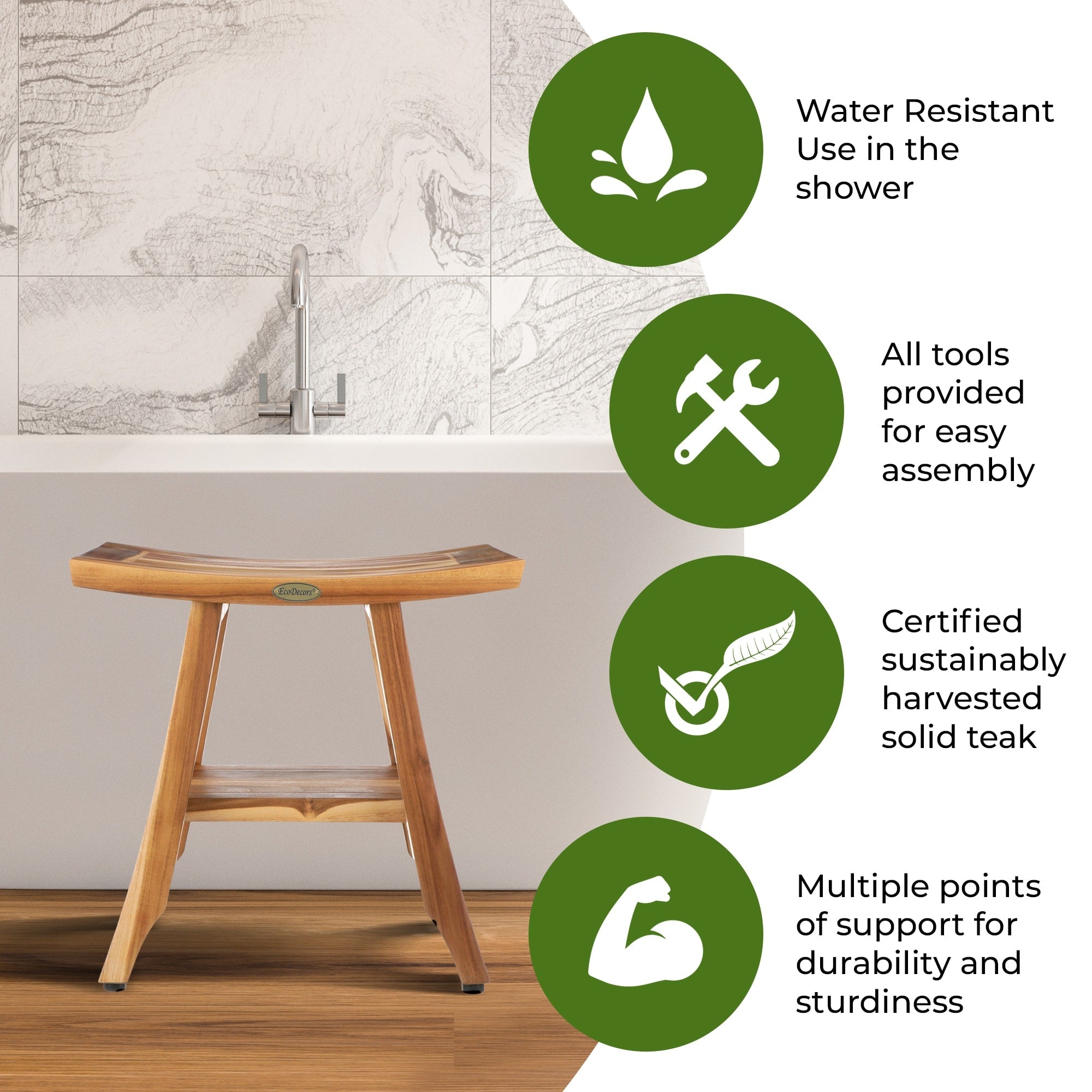 EcoDecors, Bench, Shower Stool, Shower Seat, Shower Chair for Inside Shower, Small Bench, Teak Shower Bench, Shower Foot Rest