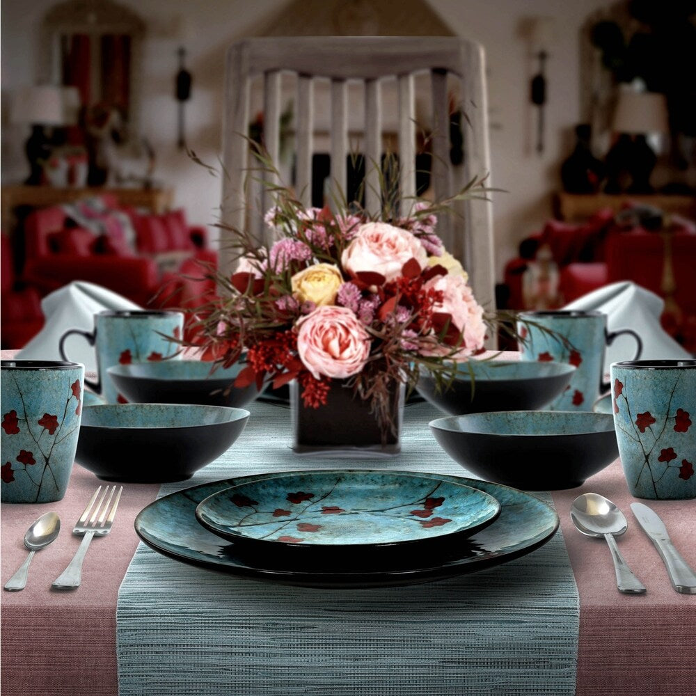 Elama Floral Accents 16 Piece Stoneware Dinnerware Set in Blue