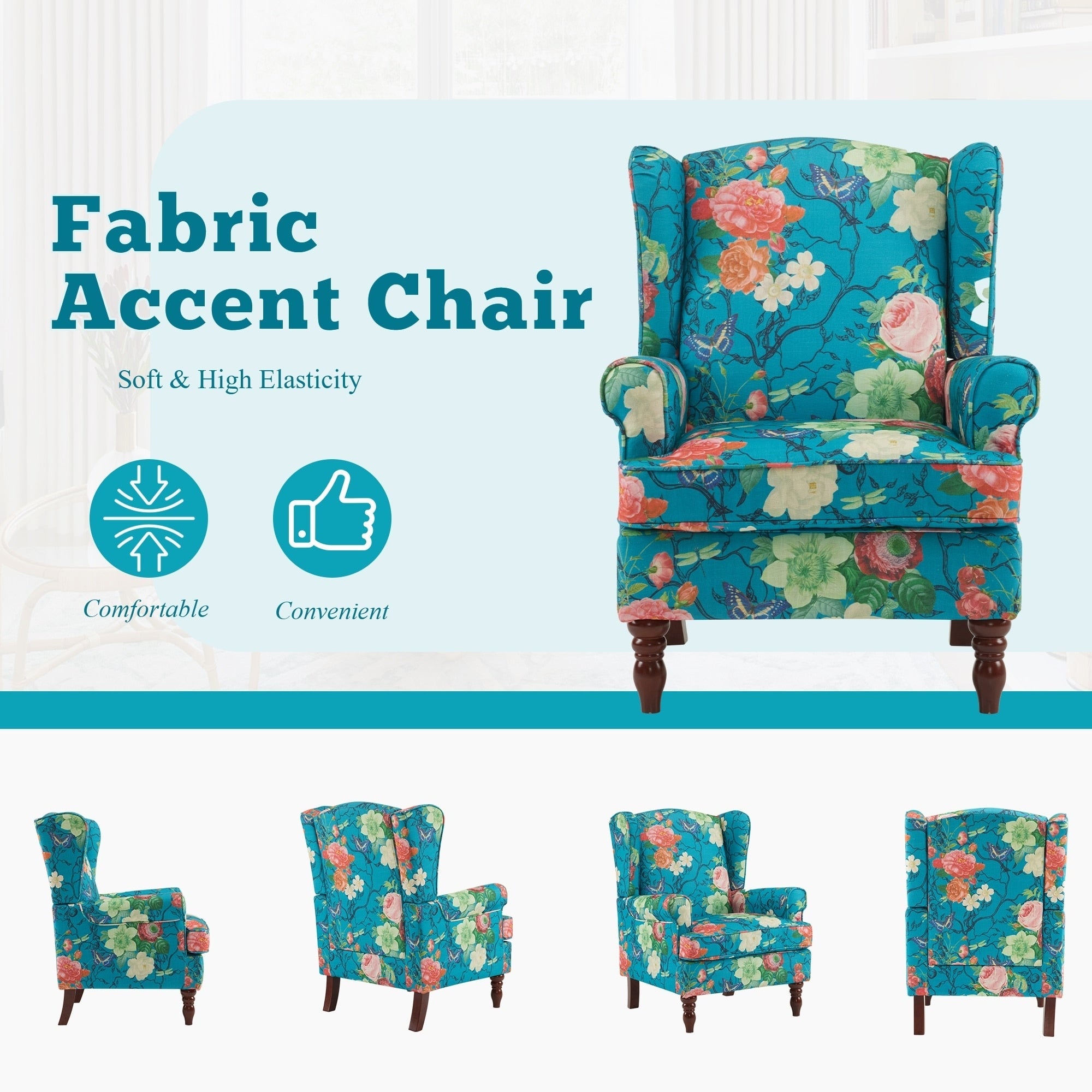 Fauteuil d'appoint moderne Erommy, fauteuil à dossier haut, canapé simple en tissu rembourré avec pieds en bois pour le salon