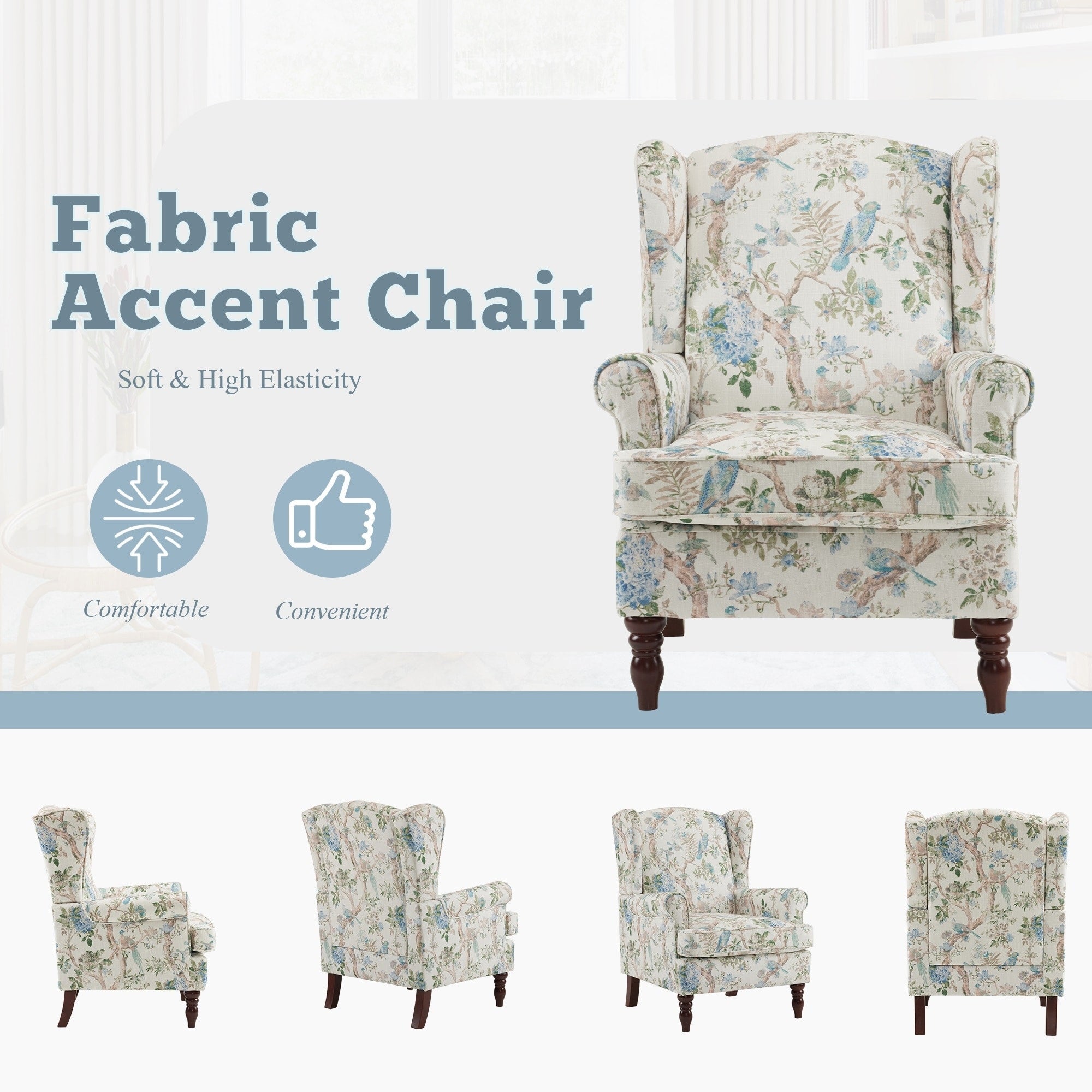 Fauteuil d'appoint moderne Erommy, fauteuil à dossier haut, canapé simple en tissu rembourré avec pieds en bois pour le salon