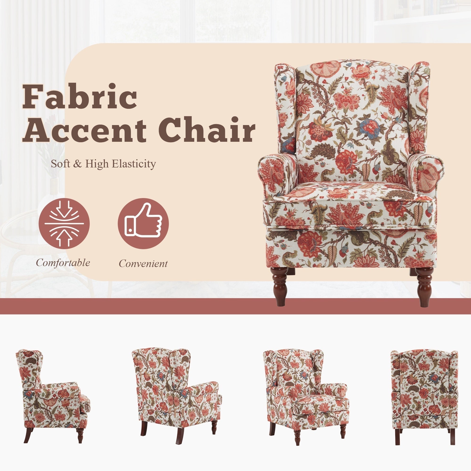 Fauteuil d'appoint moderne Erommy, fauteuil à dossier haut, canapé simple en tissu rembourré avec pieds en bois pour le salon