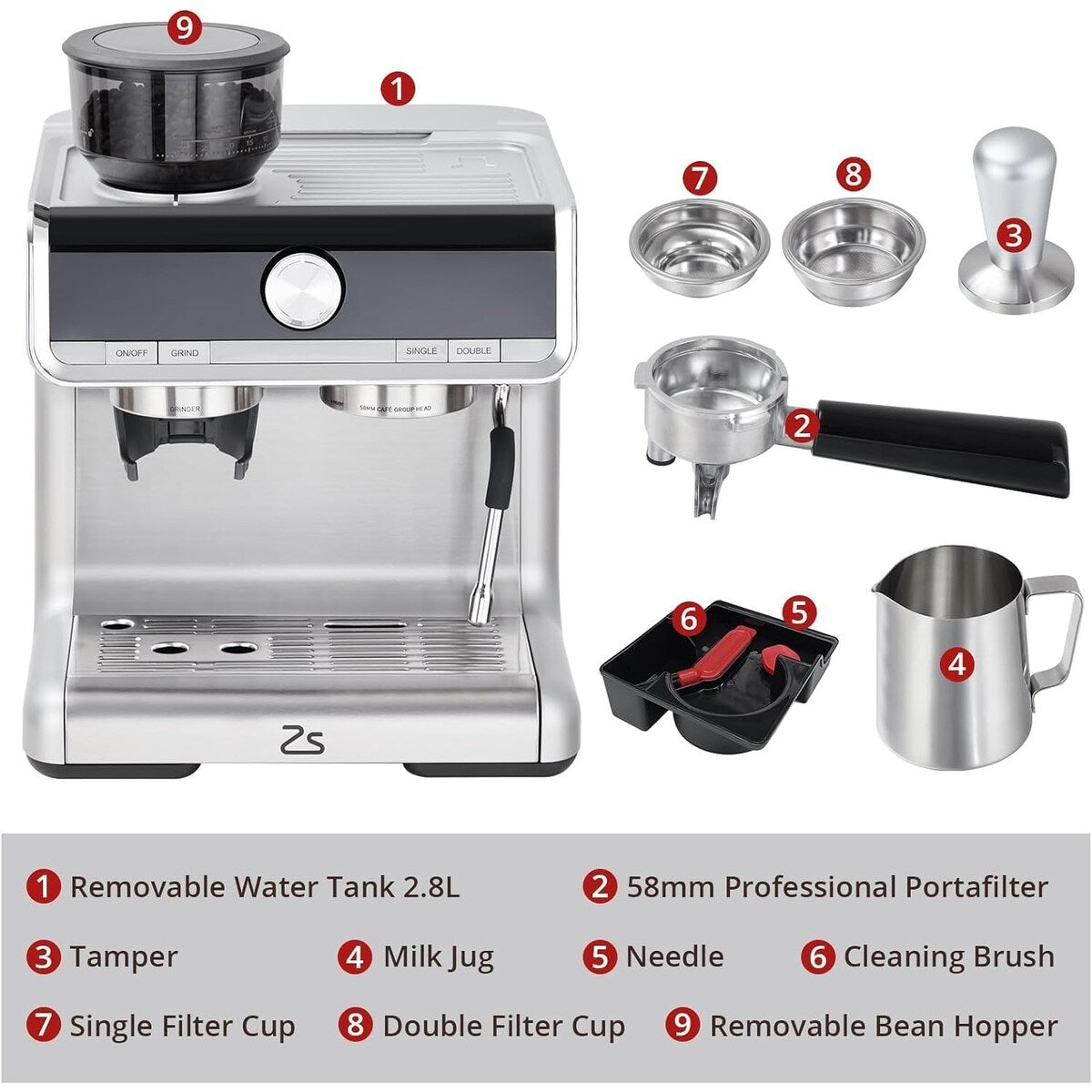 Cafetière expresso avec moulin, réservoir d'eau de 2,8 L