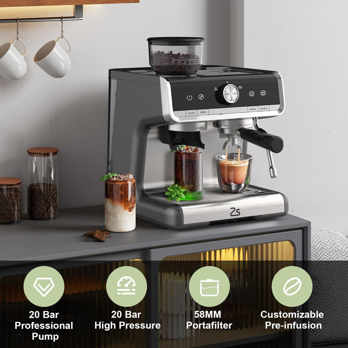 Cafetière expresso avec moulin, réservoir d'eau de 2,8 L