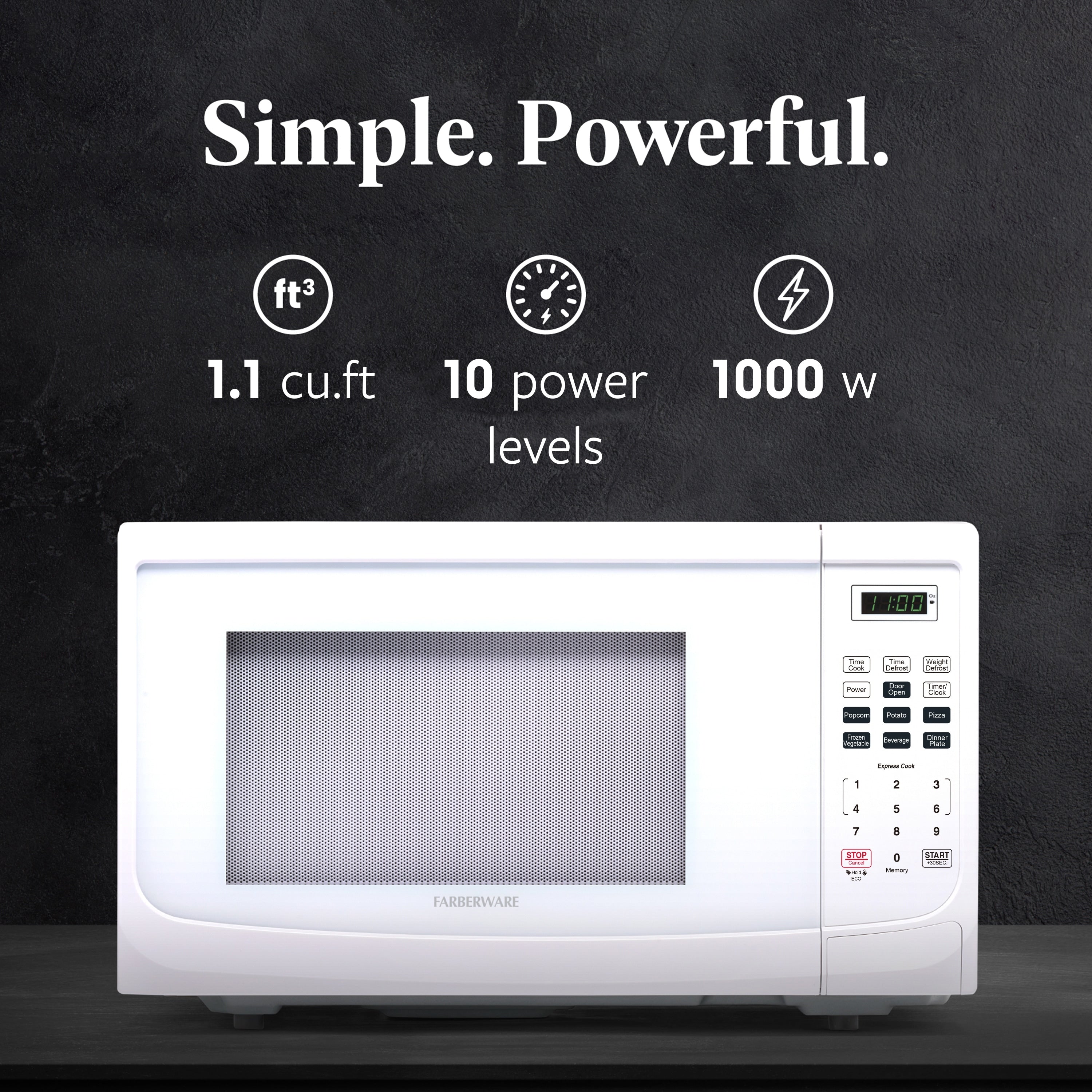 Four à micro-ondes de comptoir Farberware de 1 000 W et 1,1 pi³ avec éclairage LED et verrouillage enfant