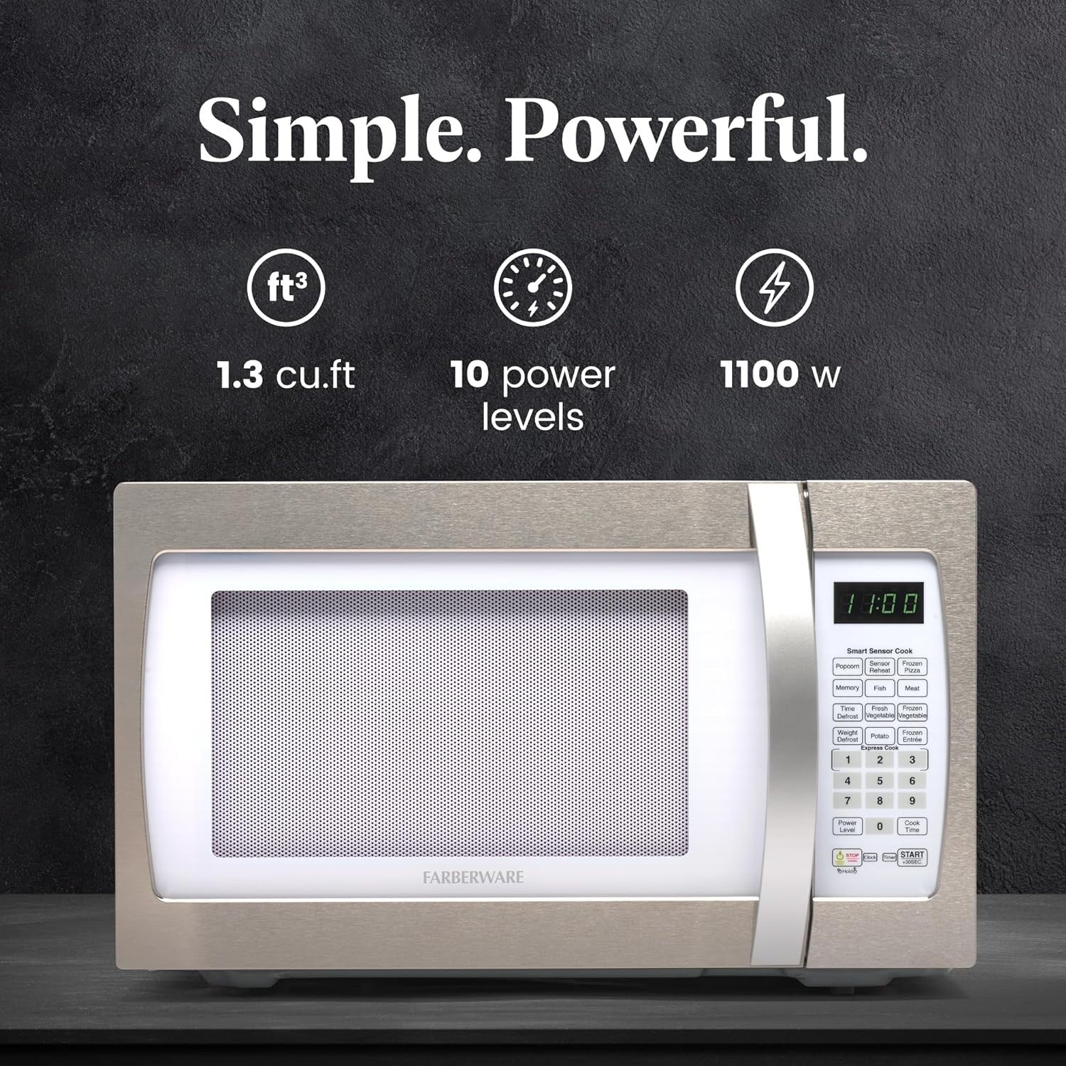 Four à micro-ondes Farberware Professional de 1,3 pi³ et 1 100 W avec cuisson par capteur intelligent, blanc et platine