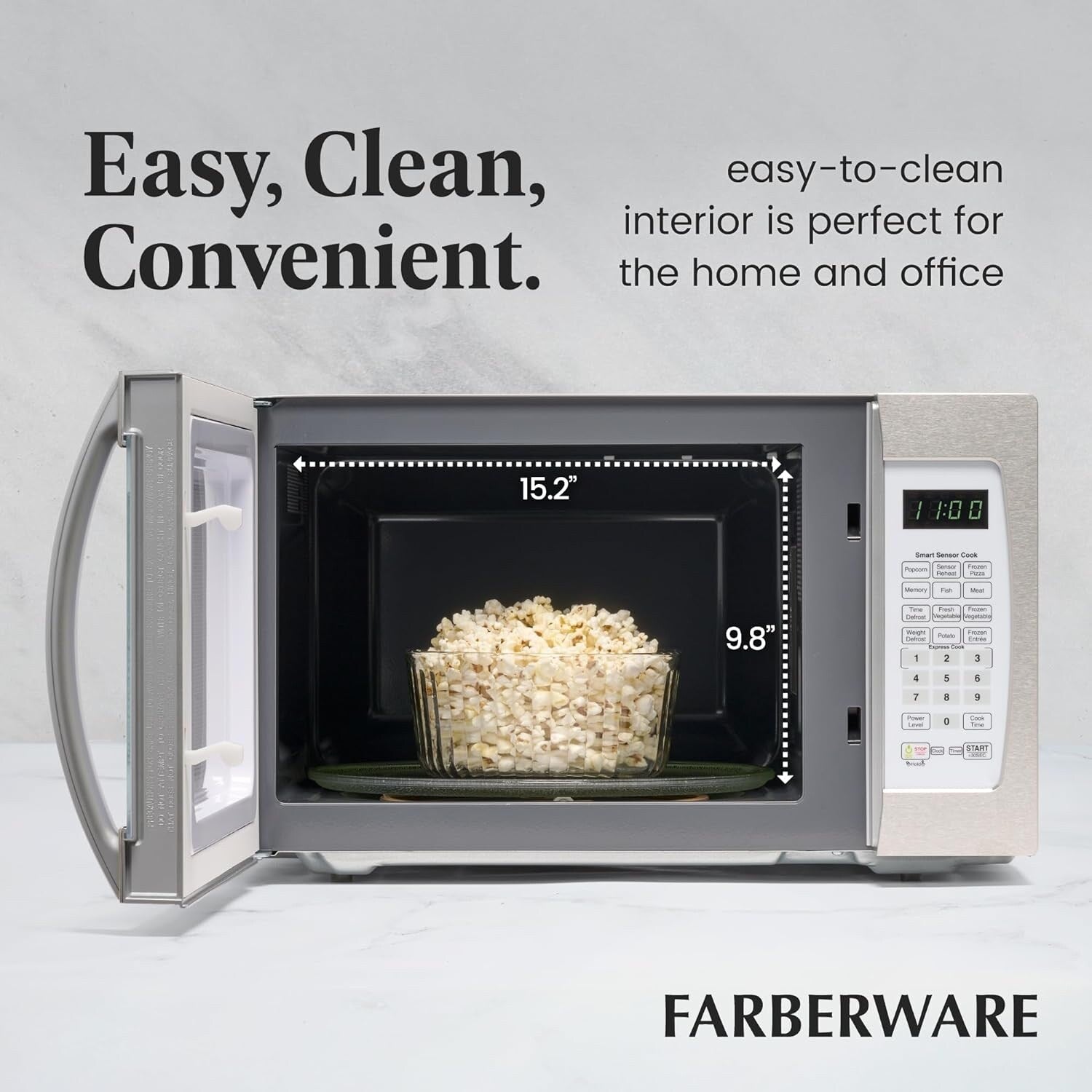 Four à micro-ondes Farberware Professional de 1,3 pi³ et 1 100 W avec cuisson par capteur intelligent, blanc et platine