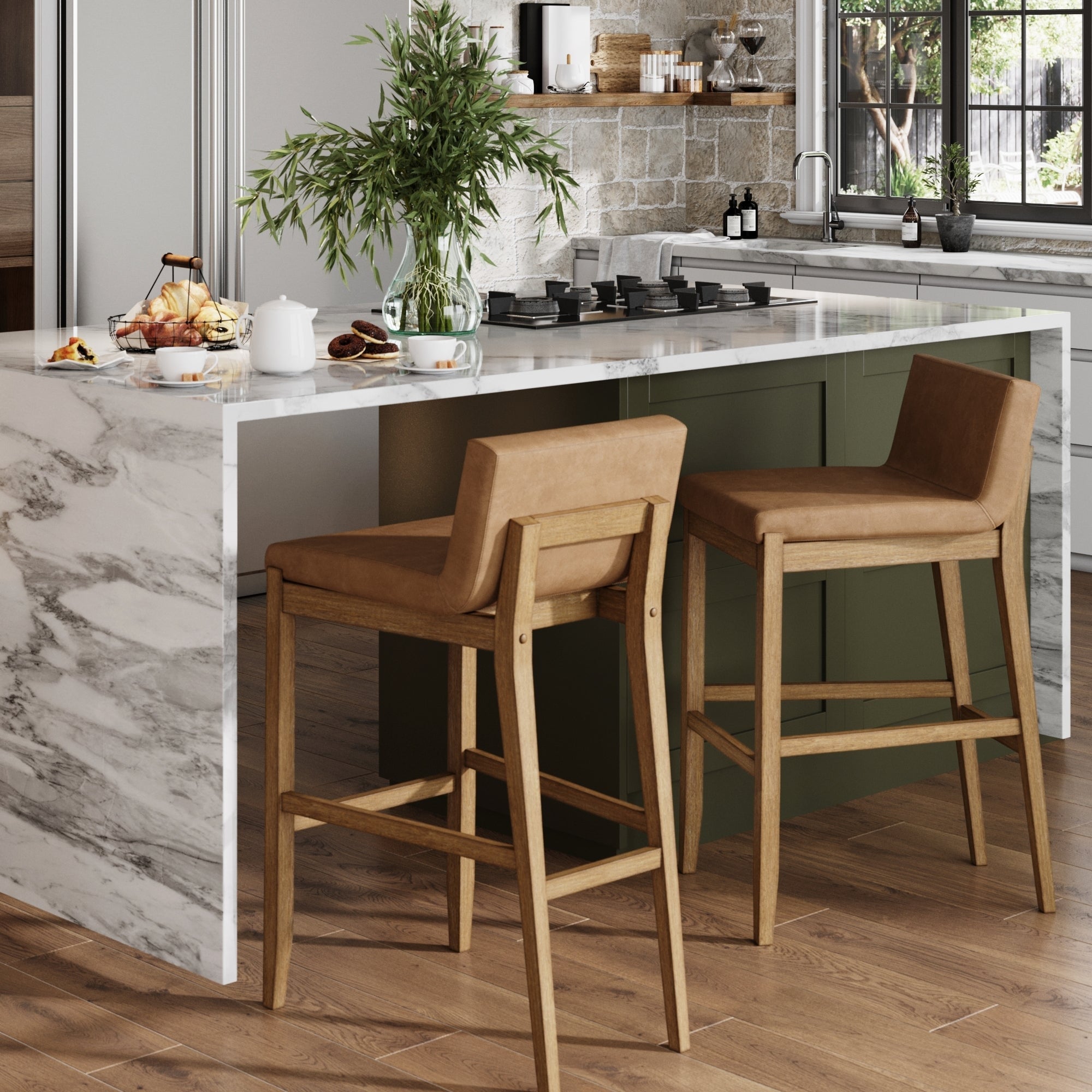 Gracie Modern Bar Stool, Boucle Upholstered Chair and Brushed Wooden Legs