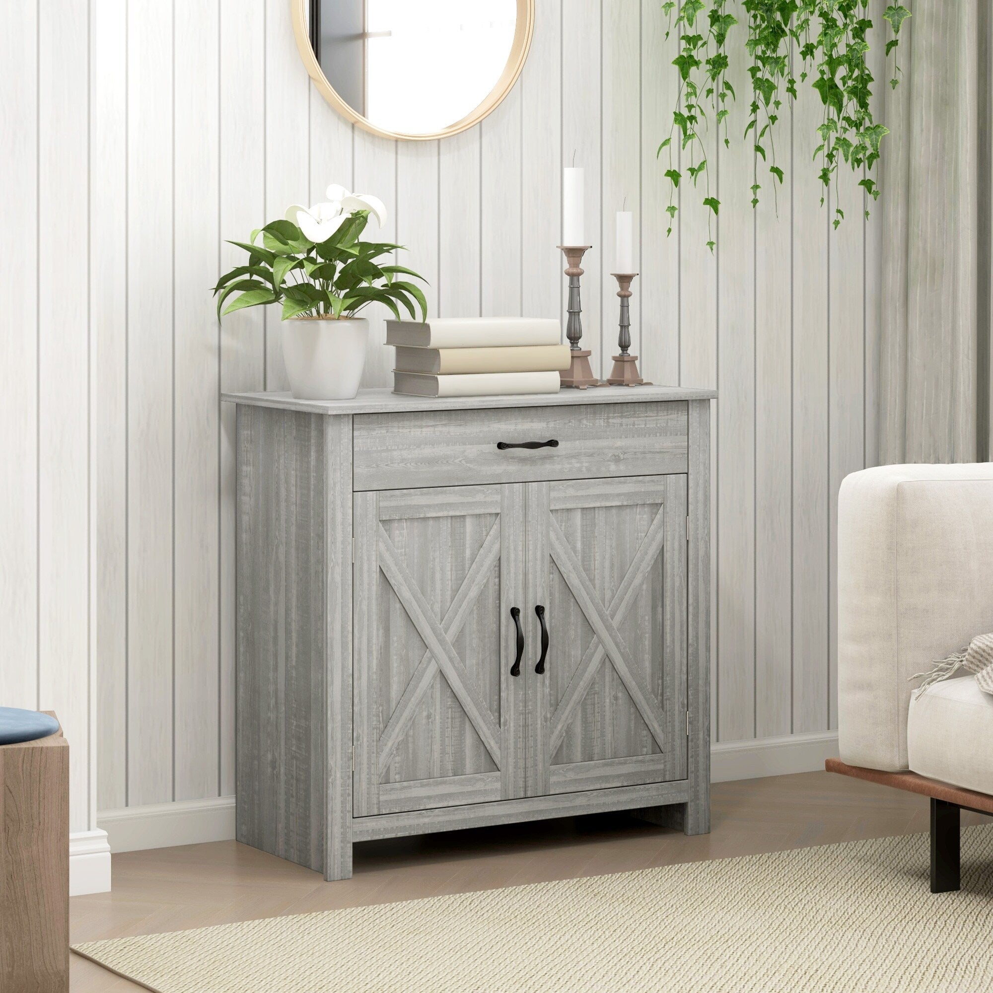 HOMCOM 32 Farmhouse Barn Door Style Sideboard Cabinet,Buffet Storage Cabinet Coffee Bar for Living Room or Entryway
