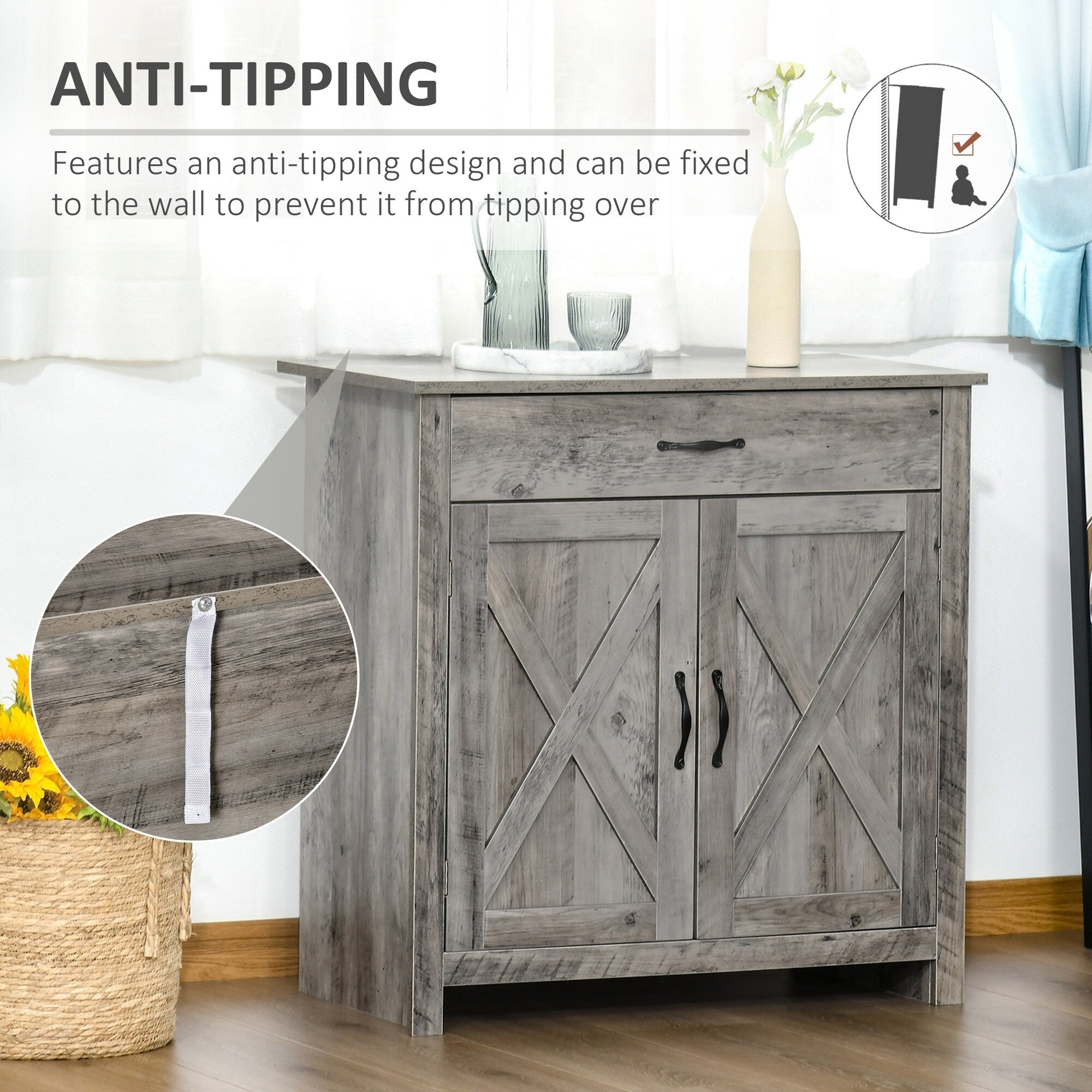 HOMCOM 32 Farmhouse Barn Door Style Sideboard Cabinet,Buffet Storage Cabinet Coffee Bar for Living Room or Entryway