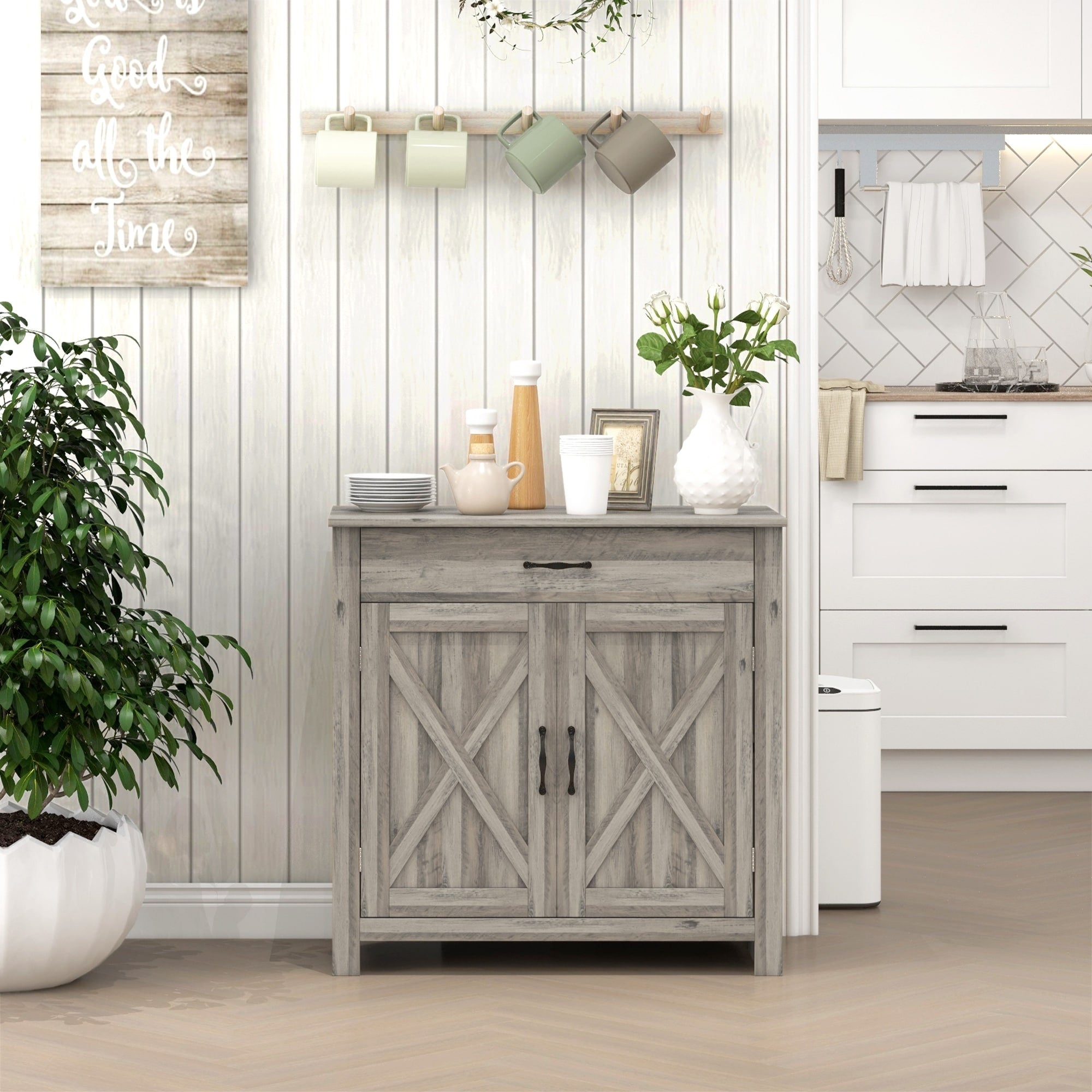 HOMCOM 32 Farmhouse Barn Door Style Sideboard Cabinet,Buffet Storage Cabinet Coffee Bar for Living Room or Entryway