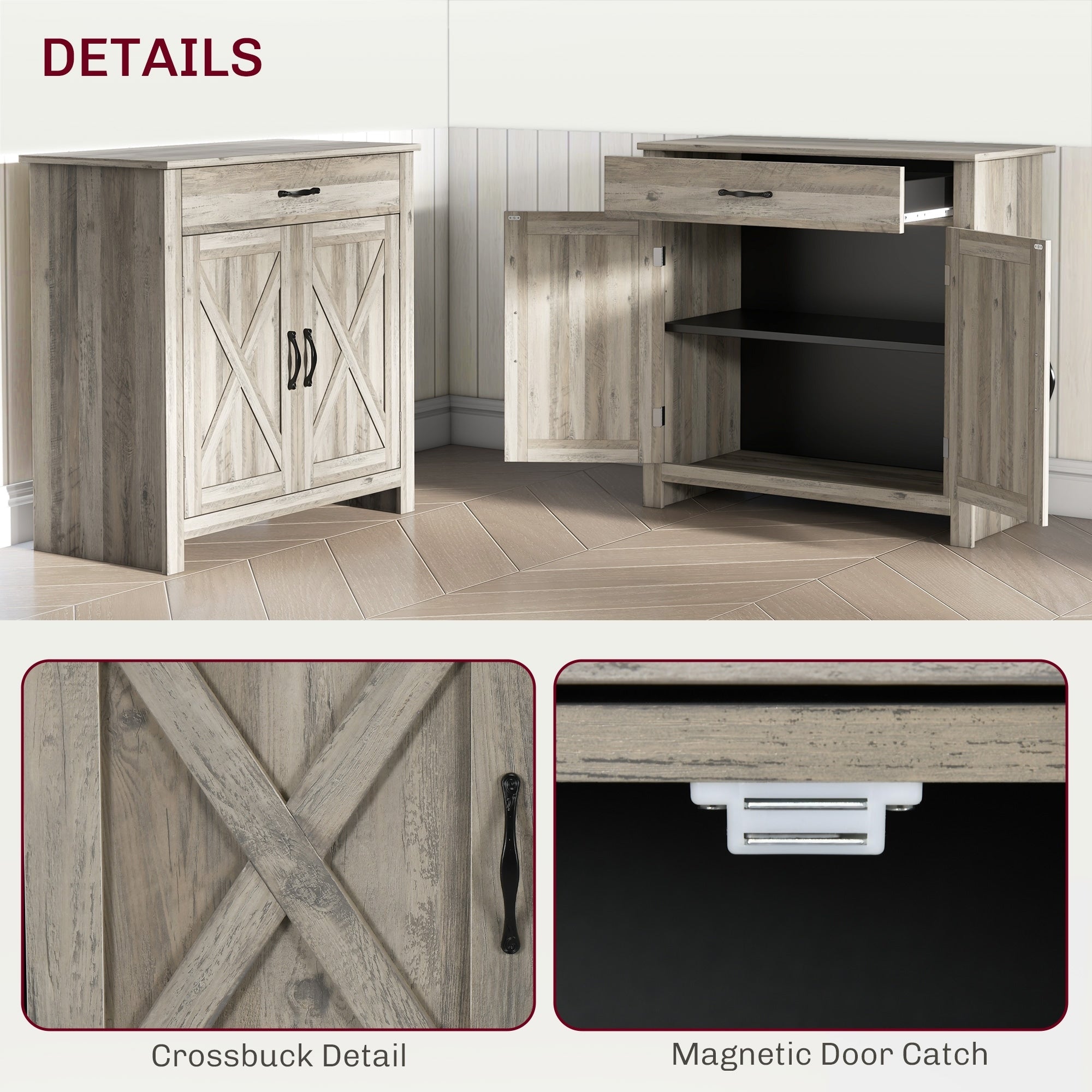 HOMCOM 32 Farmhouse Barn Door Style Sideboard Cabinet,Buffet Storage Cabinet Coffee Bar for Living Room or Entryway