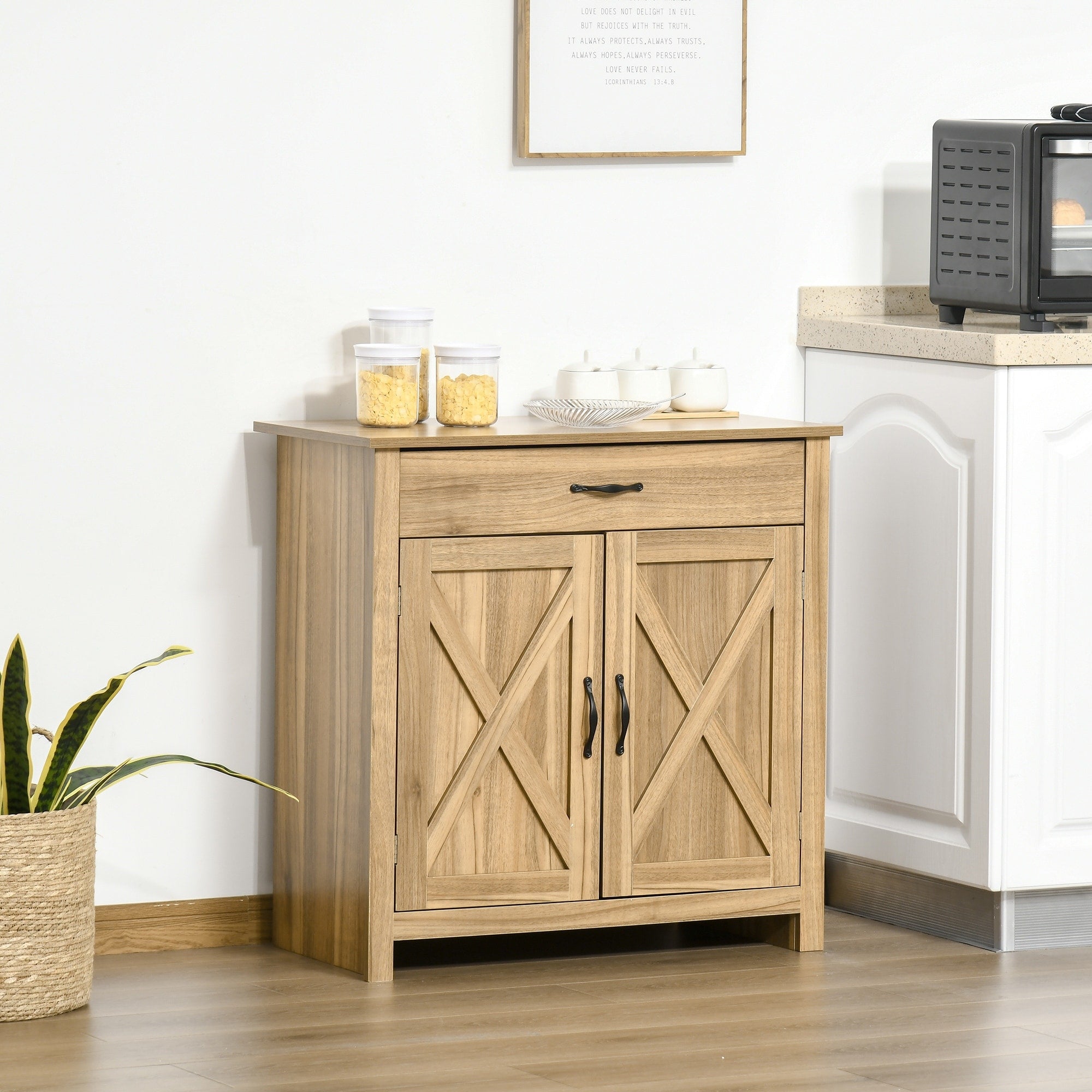 HOMCOM 32 Farmhouse Barn Door Style Sideboard Cabinet,Buffet Storage Cabinet Coffee Bar for Living Room or Entryway