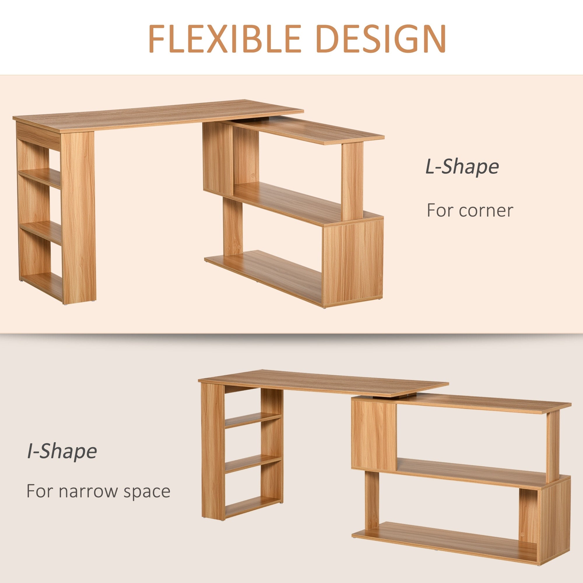 HomCom Modern L Shaped Rotating Computer Desk with Bookshelves
