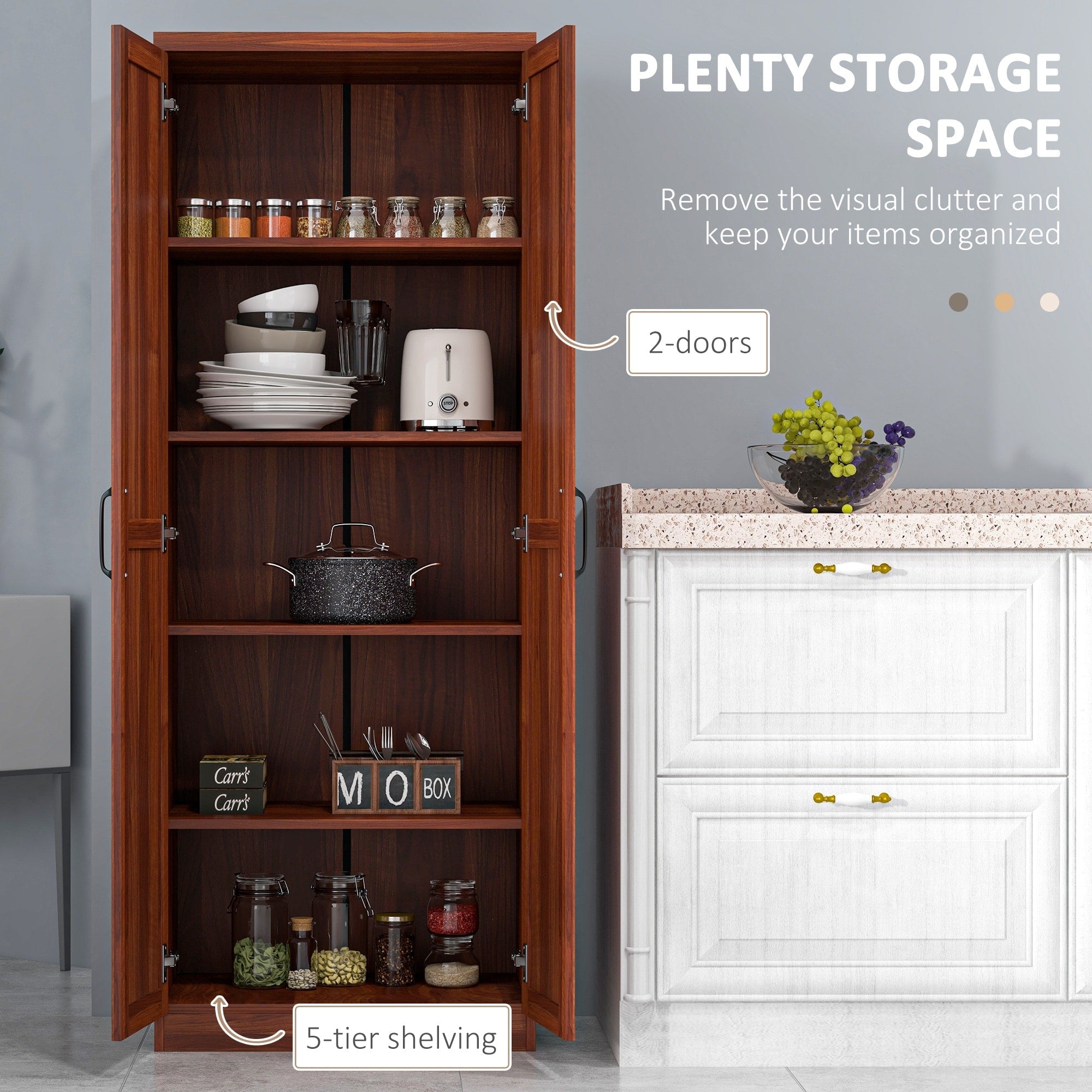 HOMCOM 63 2-Door Kitchen Pantry, Freestanding Storage Cabinet with 5-tier Shelving and 2 Adjustable Shelves for Dining Room