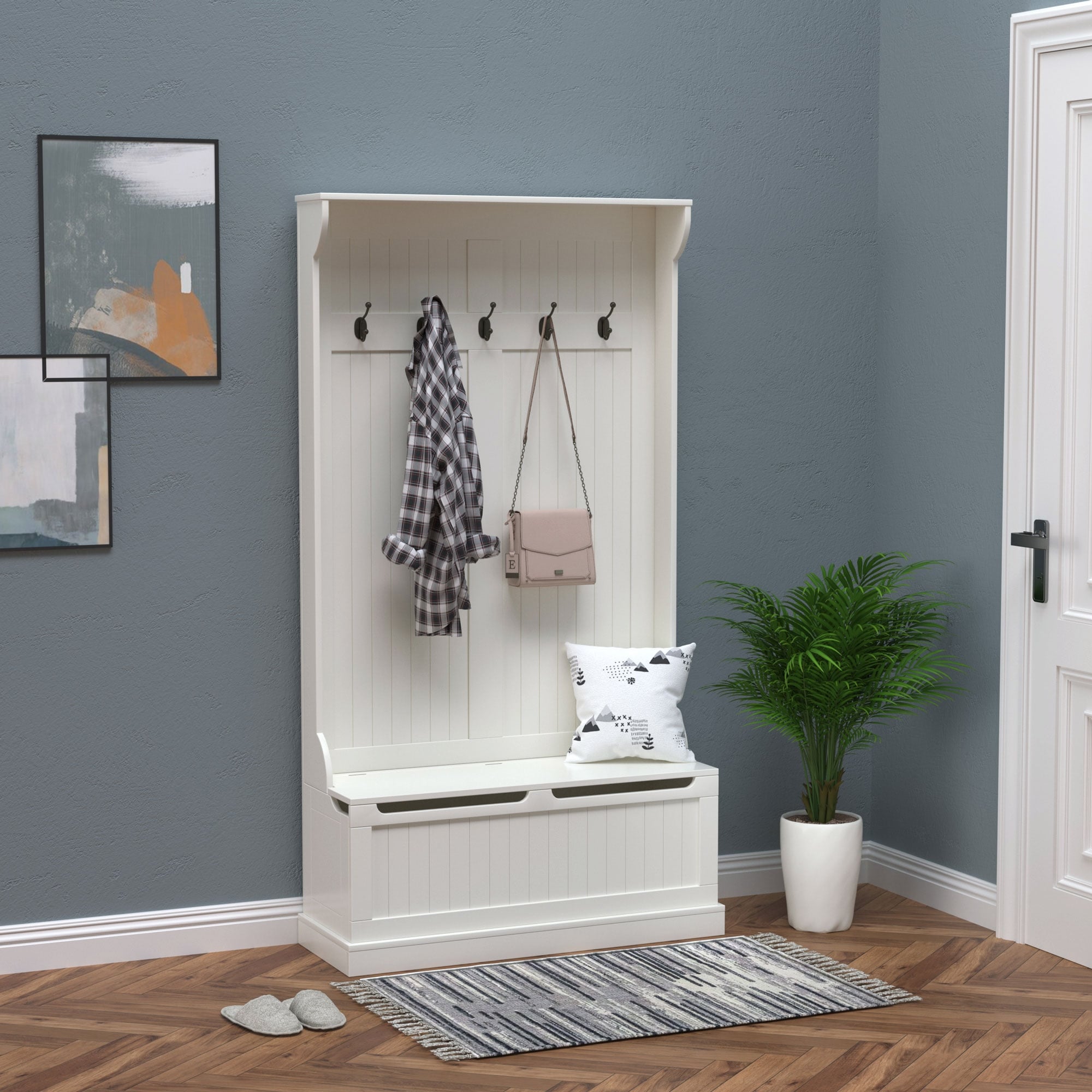 Banc de rangement et porte-manteau 3 en 1 HOMCOM 71 avec 5 crochets doubles en acier et ancrage anti-basculement pour l'entrée