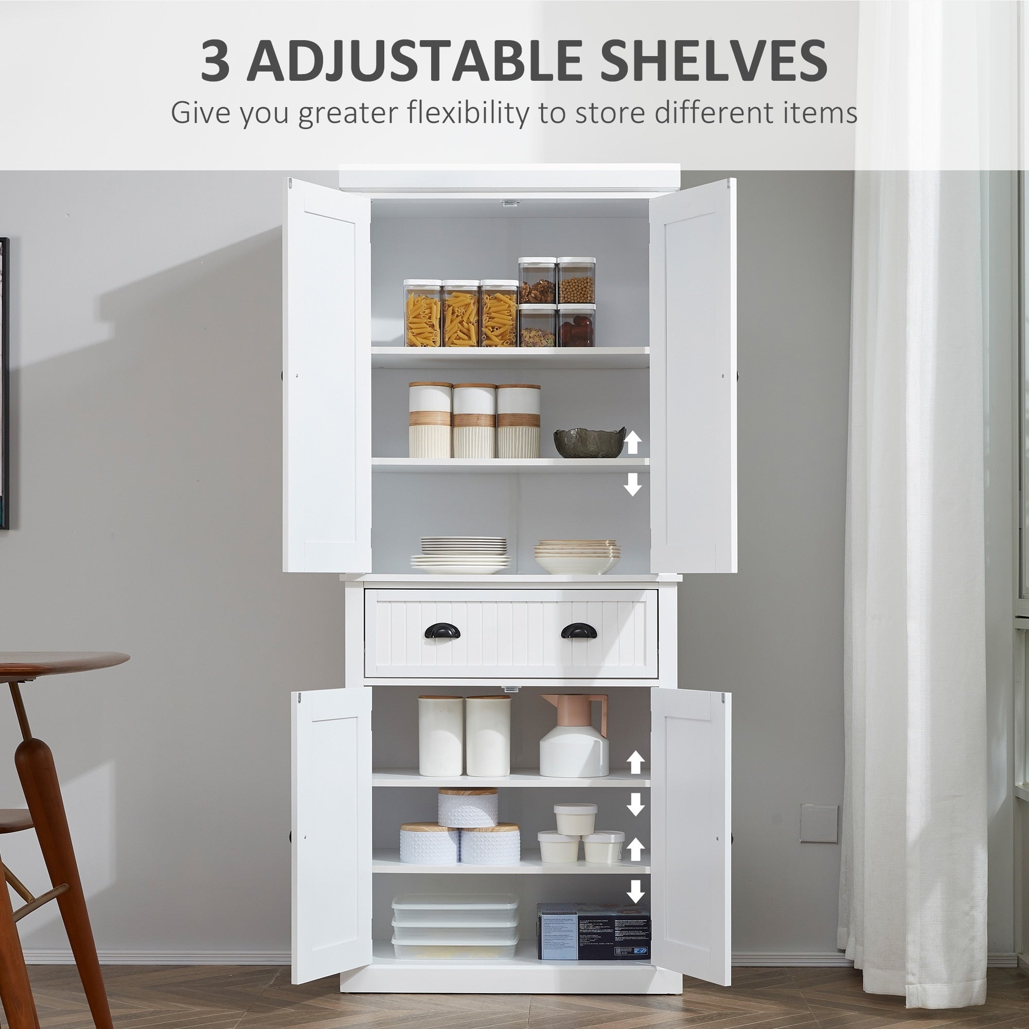 HOMCOM 72 Traditional Freestanding Kitchen Pantry Cabinet Cupboard with Doors and 3 Adjustable Shelves, White