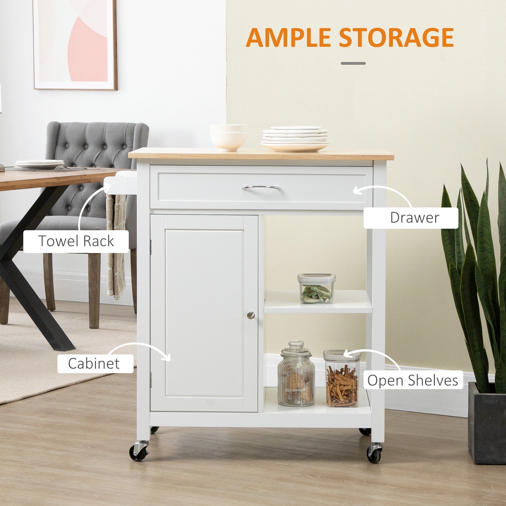 HOMCOM Kitchen Trolley, Wood Top Utility Cart on Wheels with Open Shelf and Storage Drawer for Dining Room, Kitchen