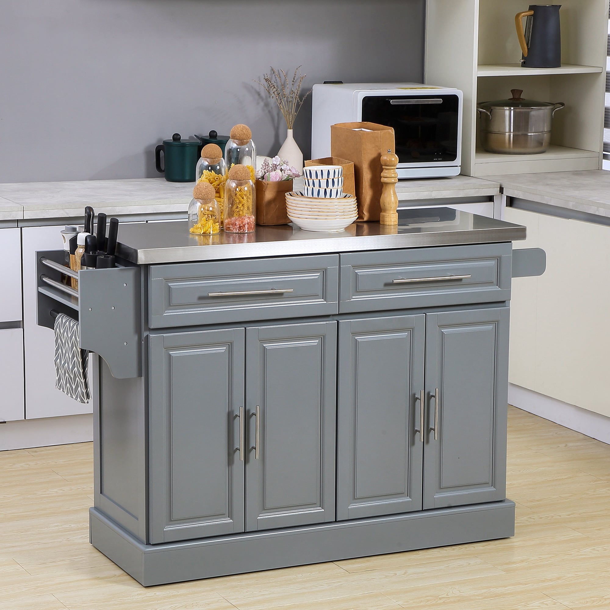 HOMCOM Rolling Kitchen Island with Storage, Portable Kitchen Cart with Stainless Steel Top, Gray - N/A