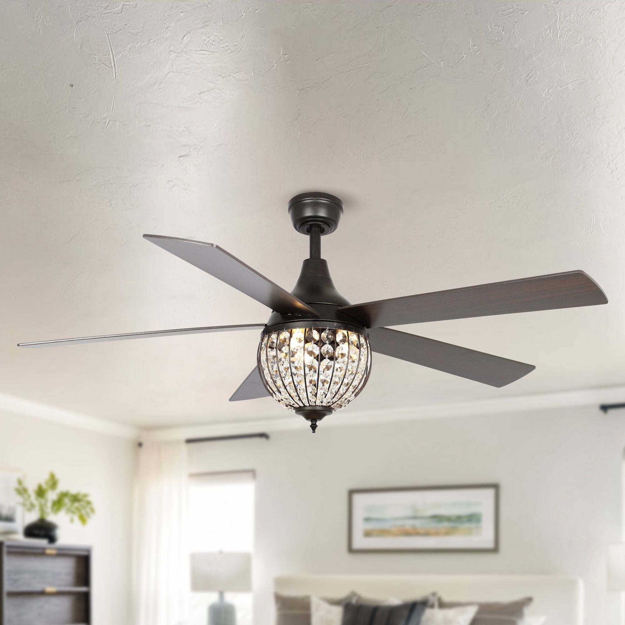 52 Industrial Black Wood 5-blade Crystal Ceiling Fan with Remote