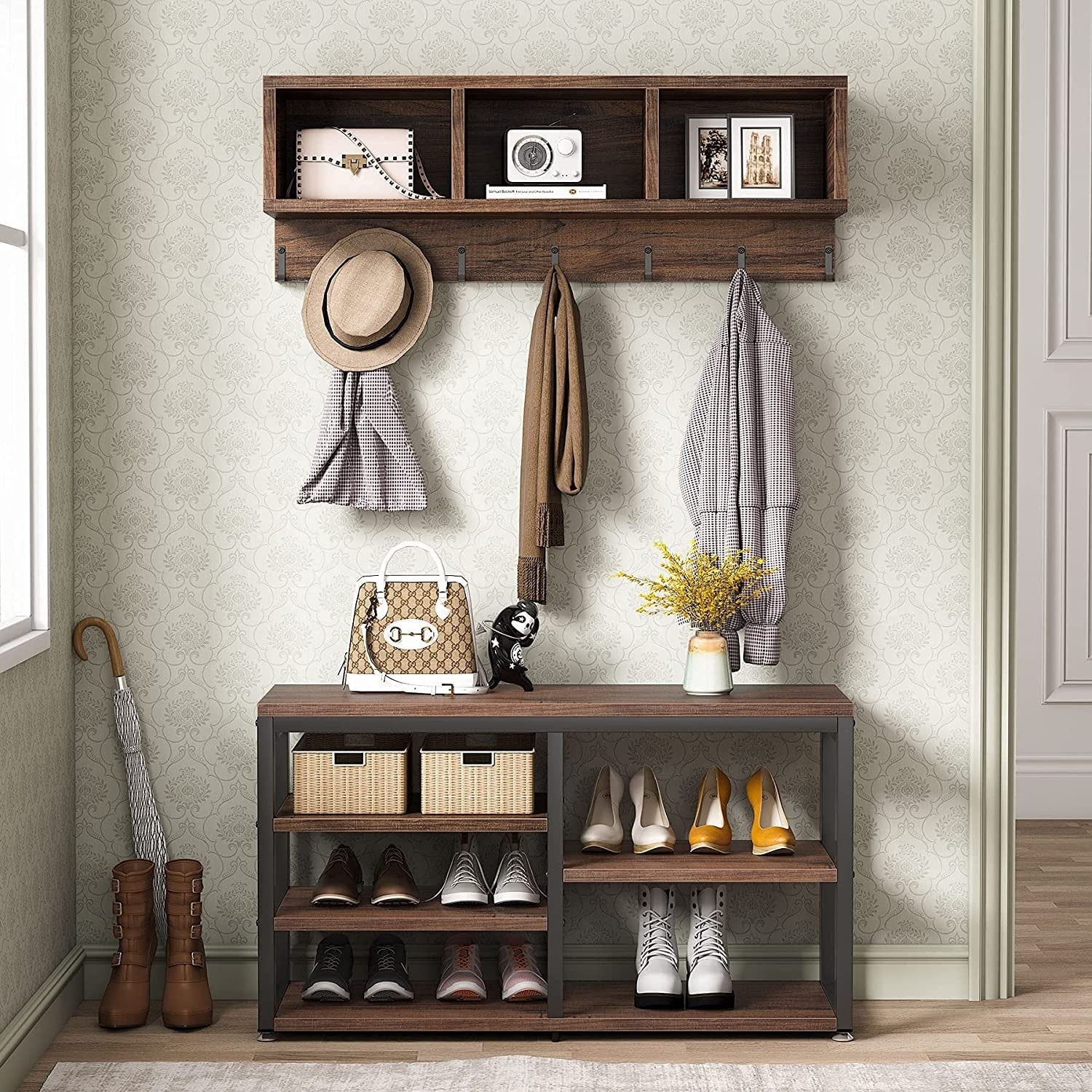 Ensemble de porte-manteaux et de bancs à chaussures pour entrée, porte-manteaux et porte-chaussures de style industriel