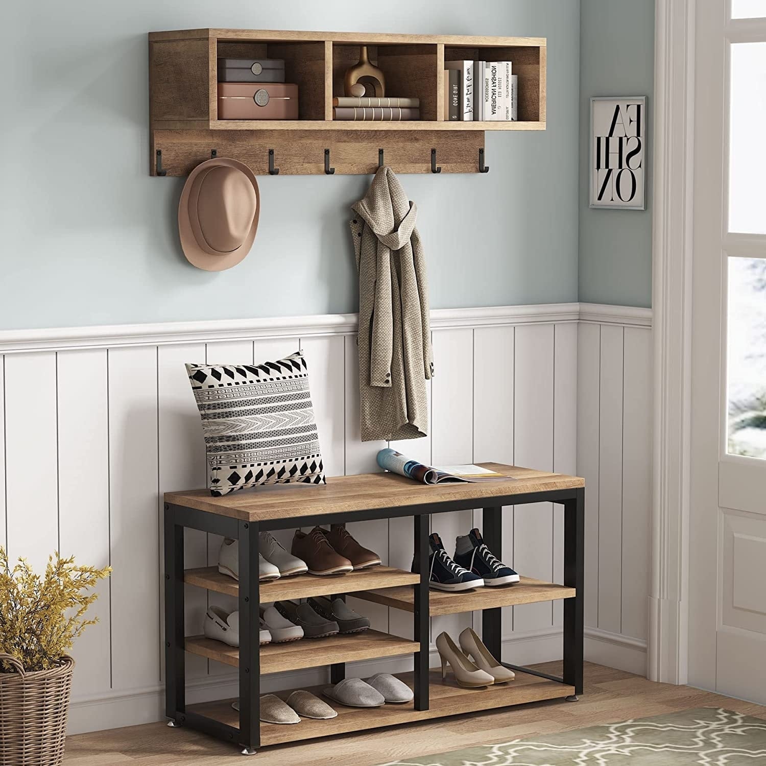 Ensemble de porte-manteaux et de bancs à chaussures pour entrée, porte-manteaux et porte-chaussures de style industriel
