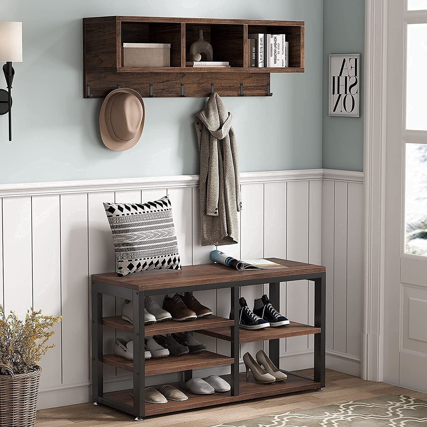 Ensemble de porte-manteaux et de bancs à chaussures pour entrée, porte-manteaux et porte-chaussures de style industriel
