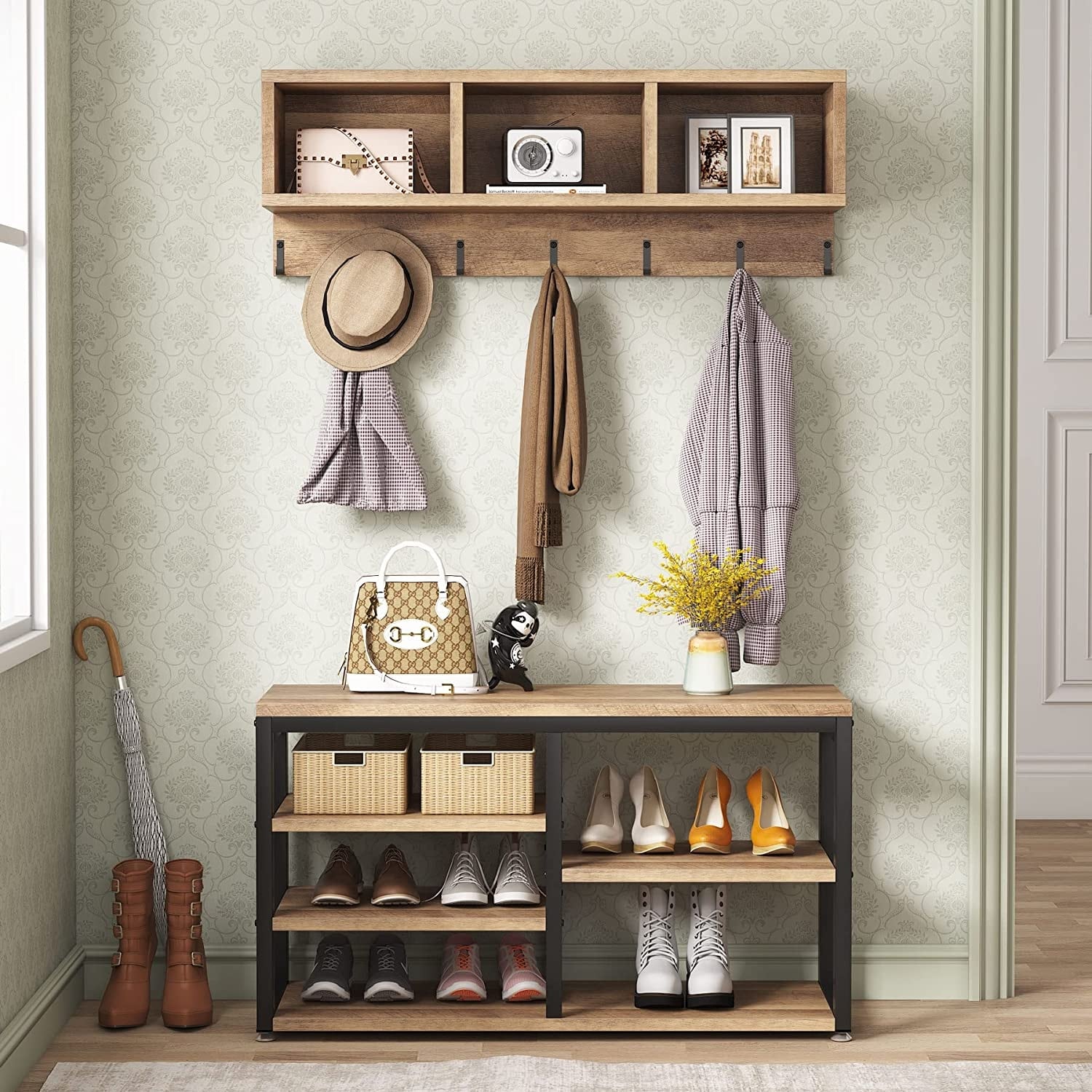 Ensemble de porte-manteaux et de bancs à chaussures pour entrée, porte-manteaux et porte-chaussures de style industriel