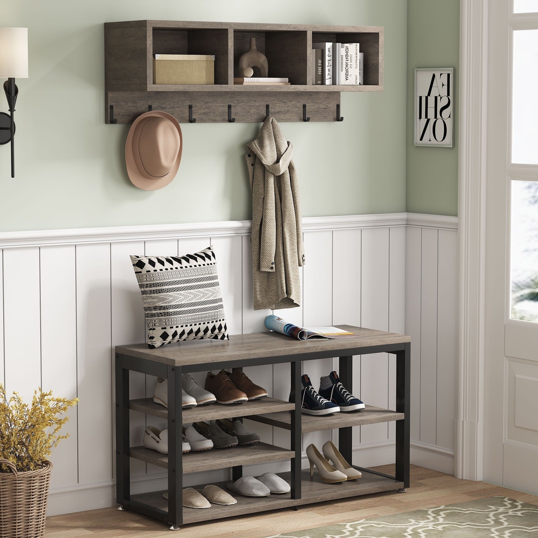 Ensemble de porte-manteaux et de bancs à chaussures pour entrée, porte-manteaux et porte-chaussures de style industriel