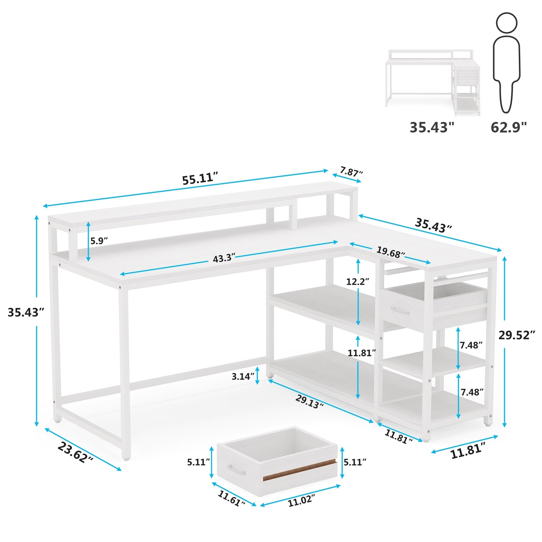 L Shaped Desk with Drawer, Home Office Corner Desk with Storage Shelves and Monitor Stand, Rustic PC Desk for Small Space