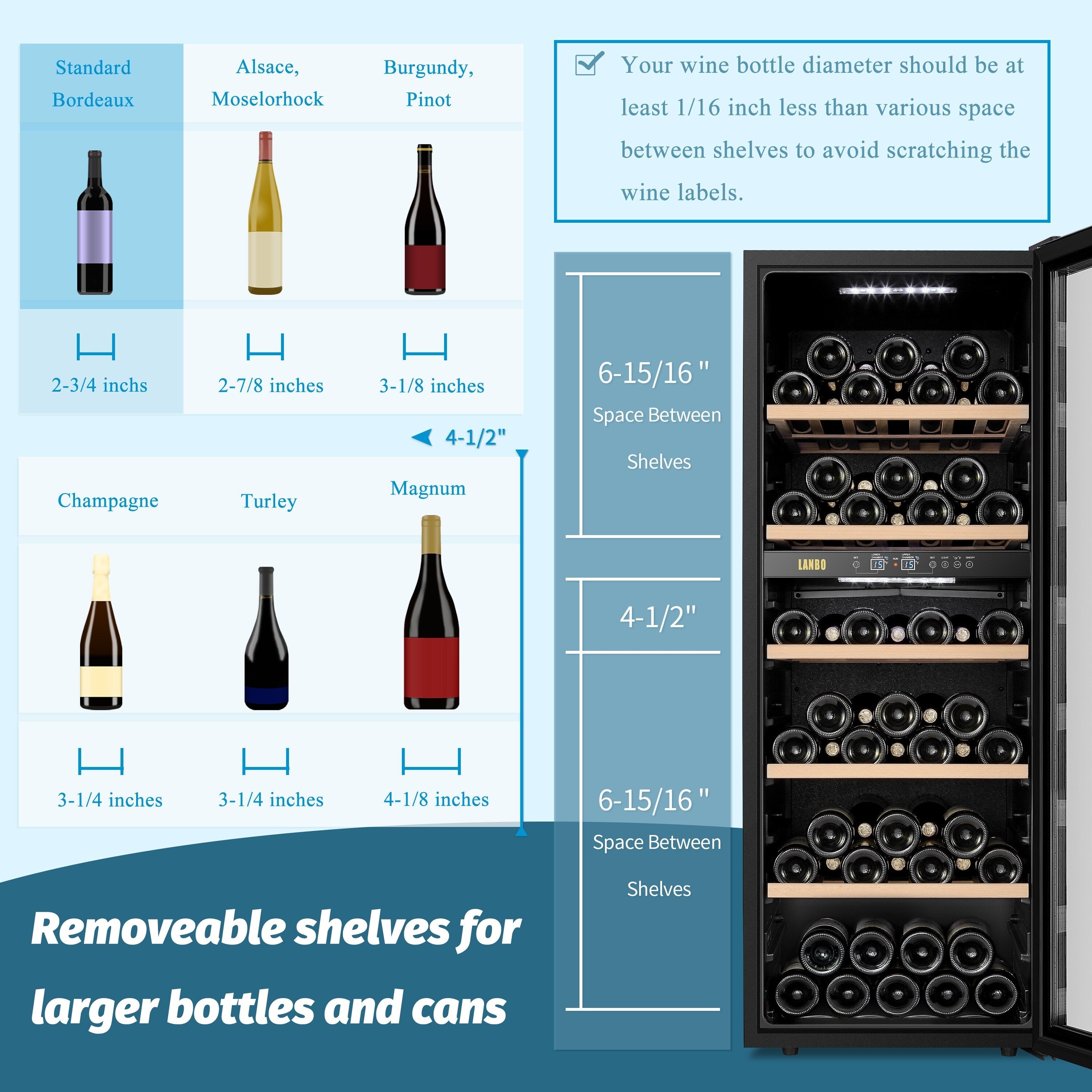 Lanbo 20-Inch 64 Bottle Dual Zone Freestanding Wine Cooler, Stainless Steel Trimmed Glass Door With Two Safety Lock