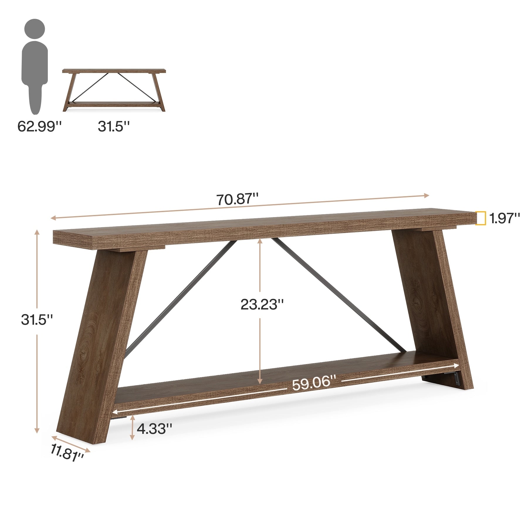 Console de canapé en bois rustique de 70,9 pouces de long avec étagère de rangement