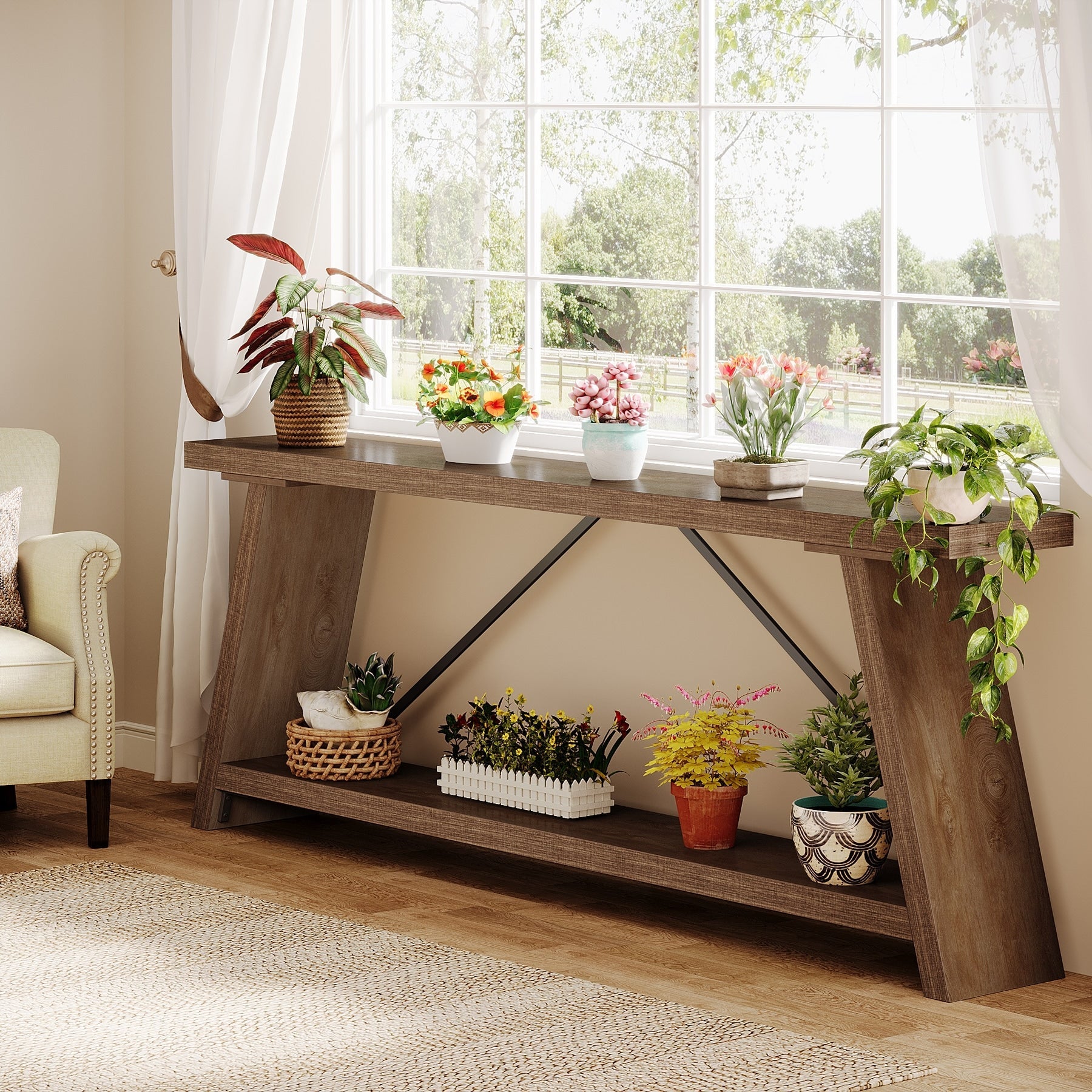 Console de canapé en bois rustique de 70,9 pouces de long avec étagère de rangement