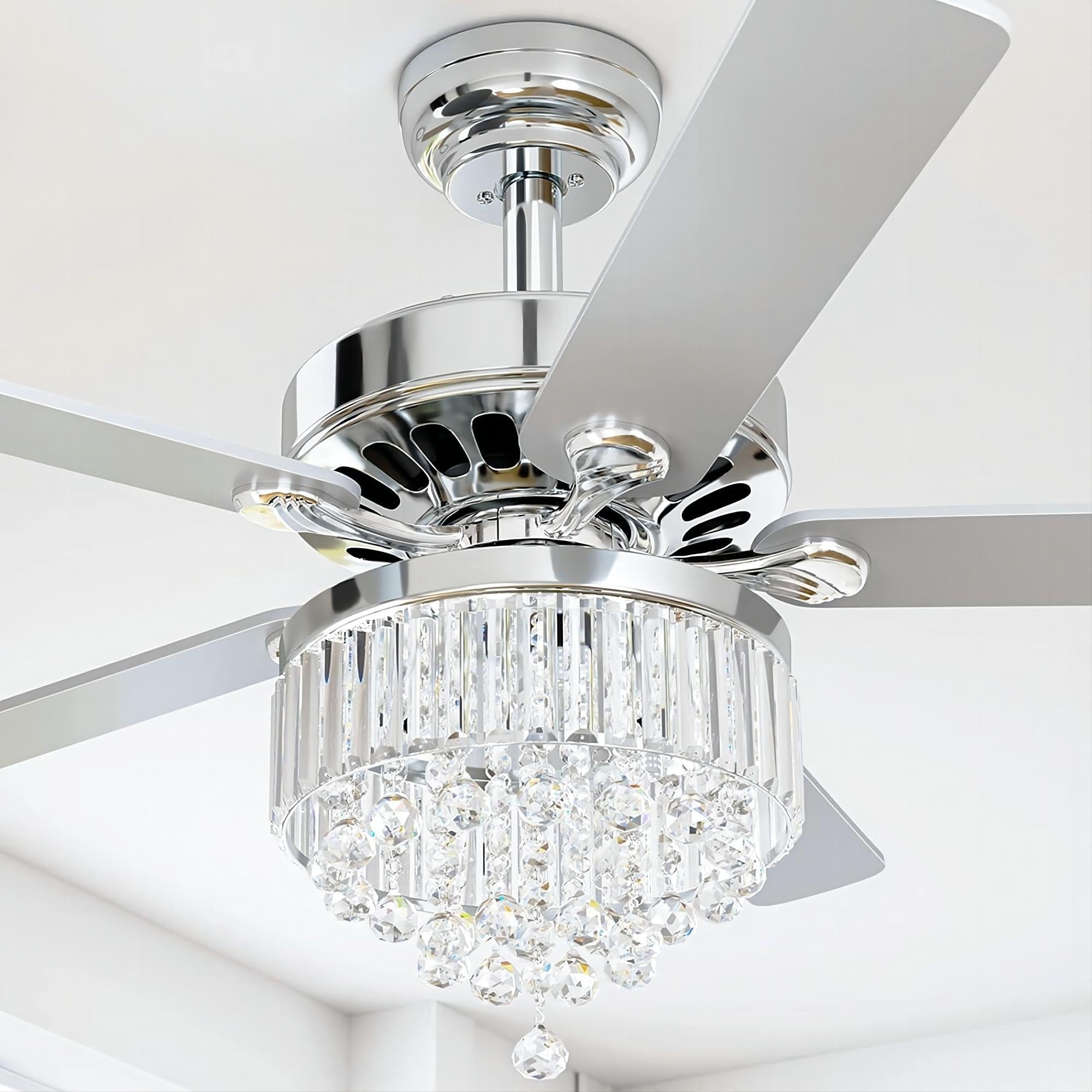 52-inch Wooden 5-Blade Crystal Ceiling Fan Chandelier with Remote