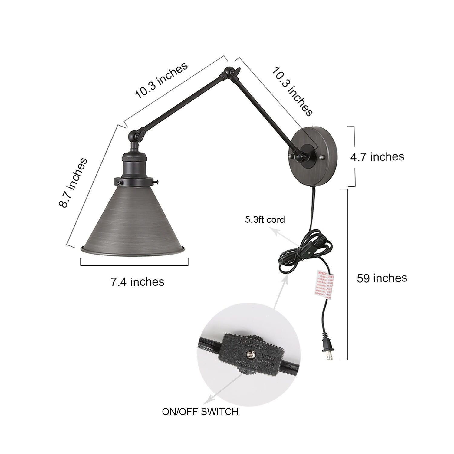 Set of 2 Modern Adjustable Swing Arm Lights Plug-in Hardwire Wall Sconces