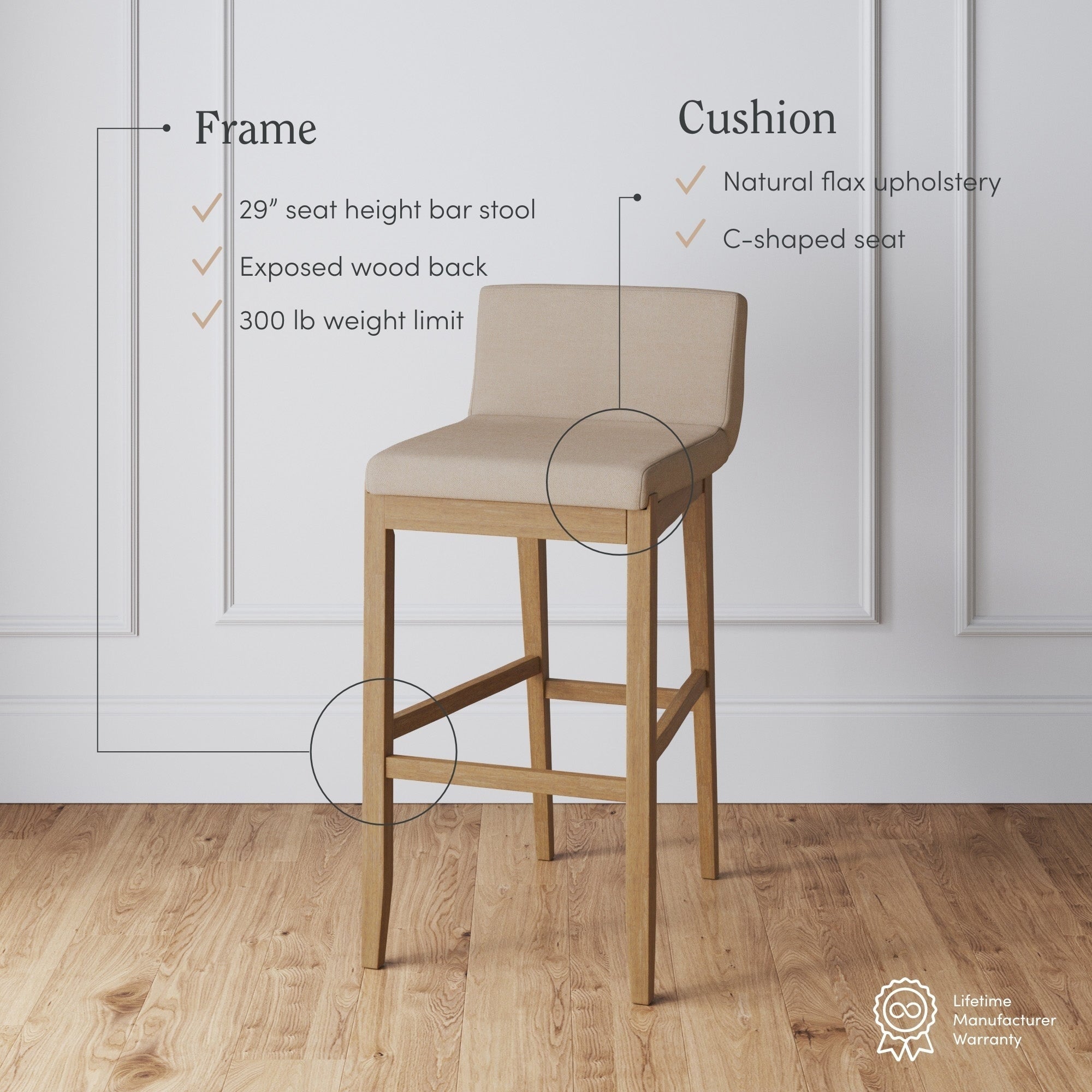 Gracie Modern Bar Stool, Boucle Upholstered Chair and Brushed Wooden Legs