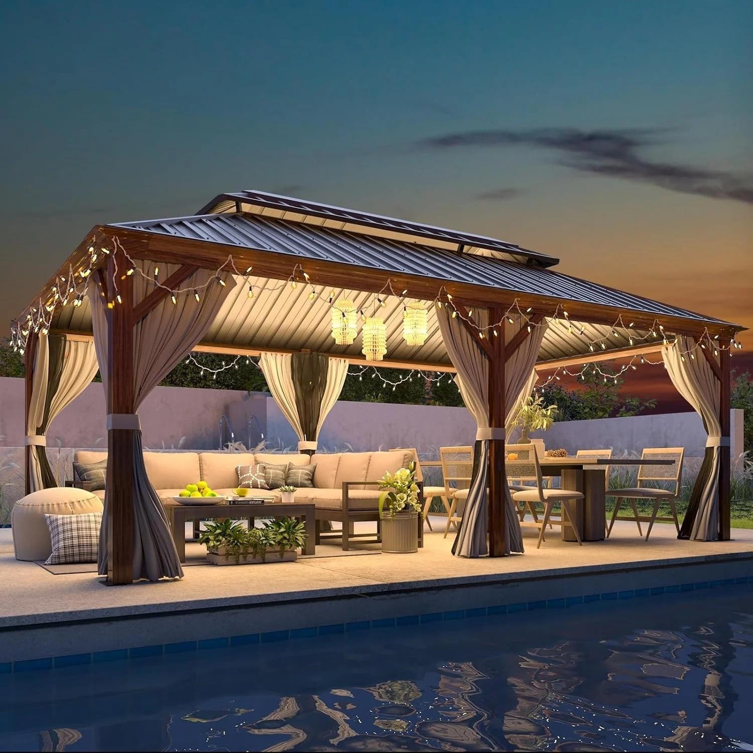 Outdoor Hardtop Gazebo with Galvanized Steel Double Roof & Aluminum Frame, Outdoor pergola with Premium Curtains and Nettings