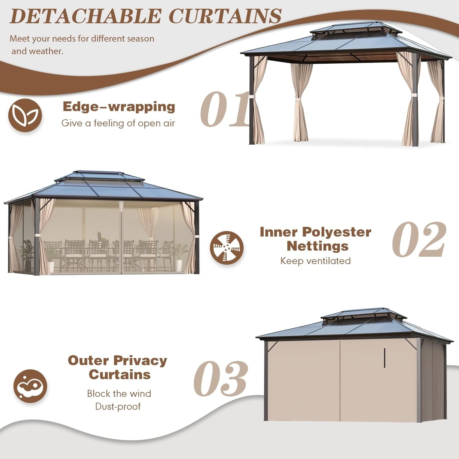 Hardtop Gazebo for Backyard – Permanent Pergola with Netting, Curtains & Double Roof, All-Weather Outdoor Shelter