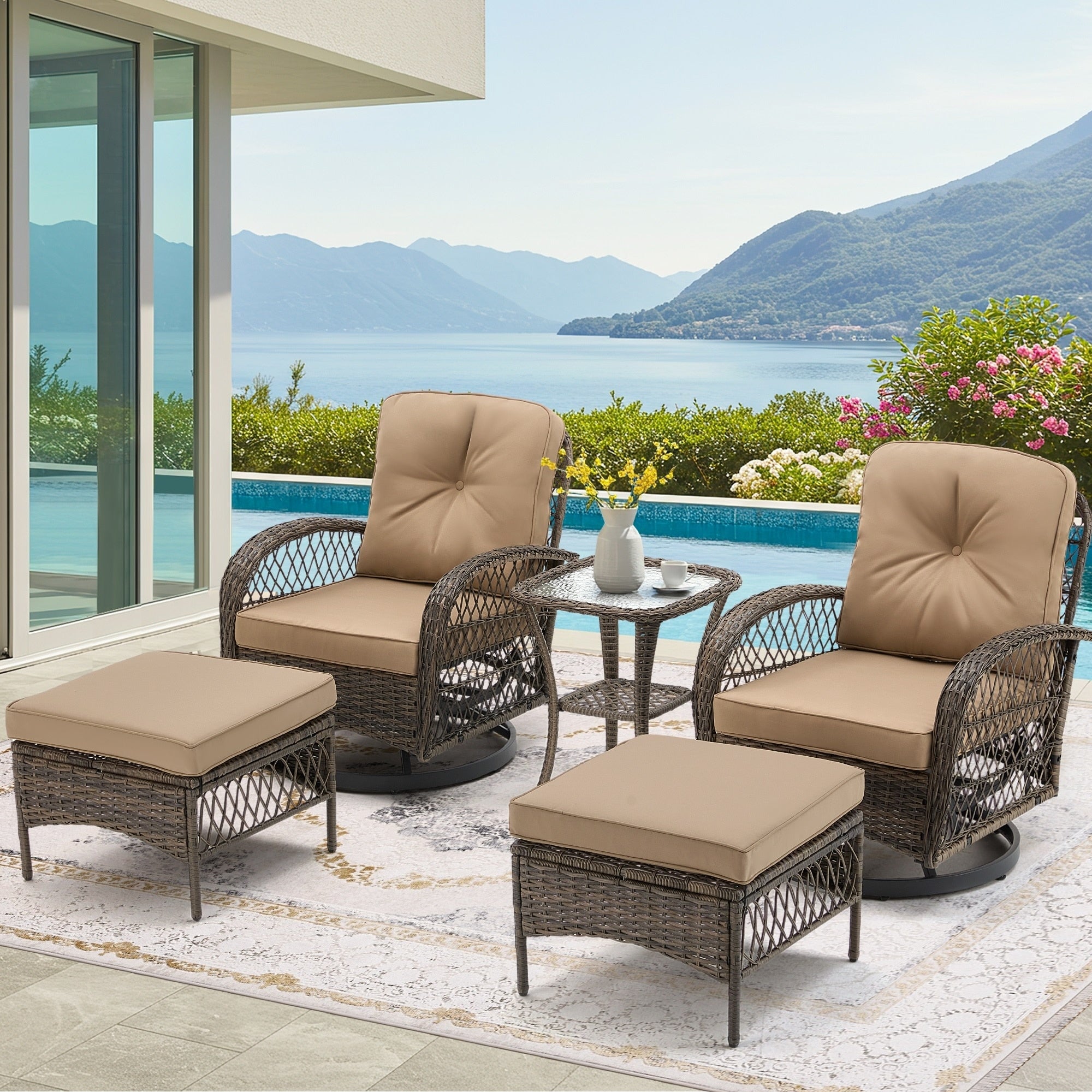 Erommy Outdoor 360° Swivel Rocking Patio Chairs Set with Thickened Cushions, Tempered Glass Coffee Table for Backyard, Garden