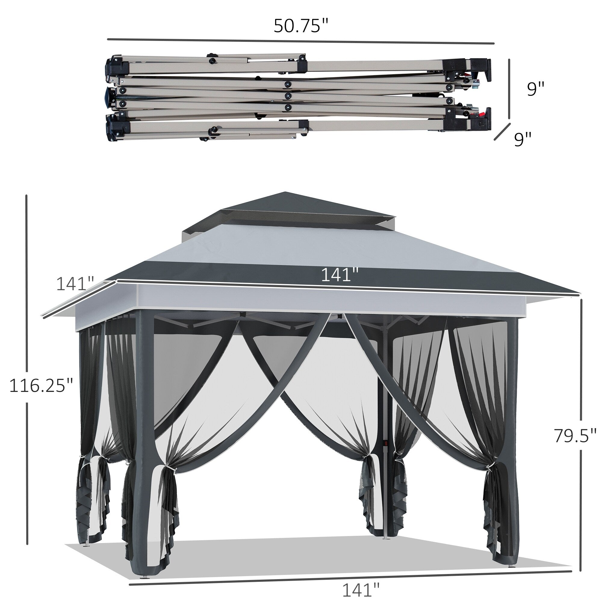 Outsunny 12' x 12' Pop Up Canopy Sun Shade Instant Tent Folding with Mesh Sidewall Netting, 3-Level Adjustable Height