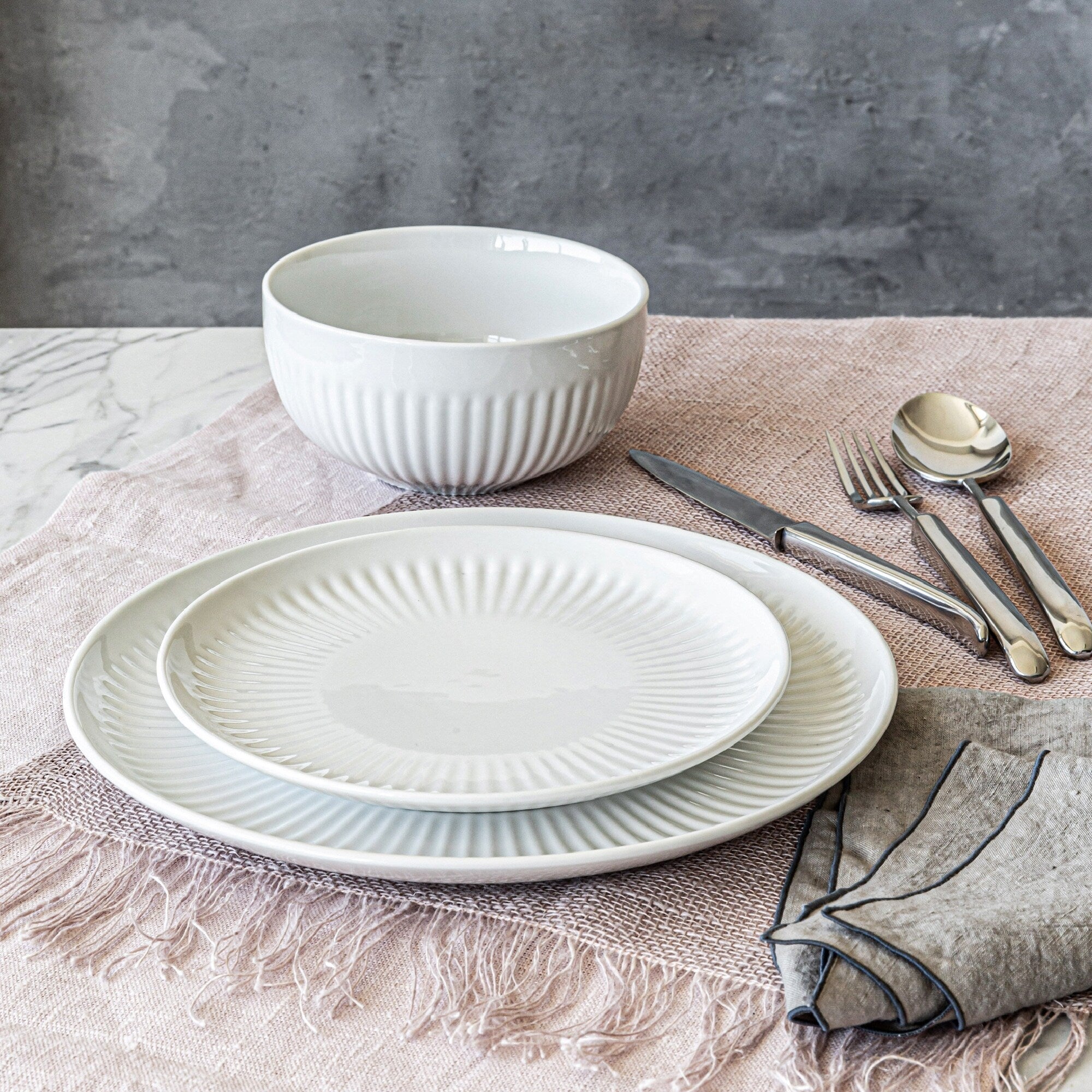 Over and Back White Porcelain 24pc Fluted Dinnerware Set