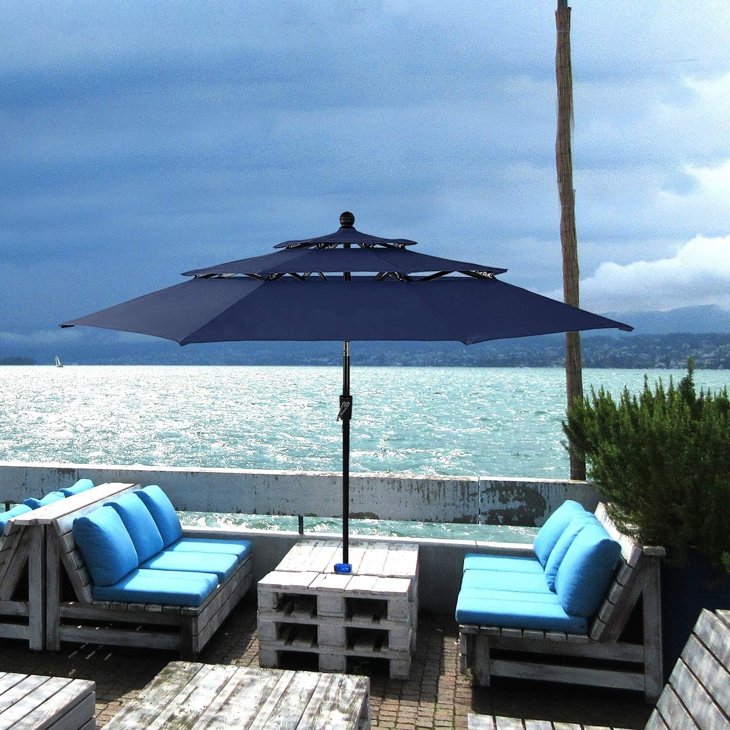 MAISON ARTS 10ft 3 Tier Auto-tilt Patio Umbrella Outdoor Double Vented Umbrella with LED Lights