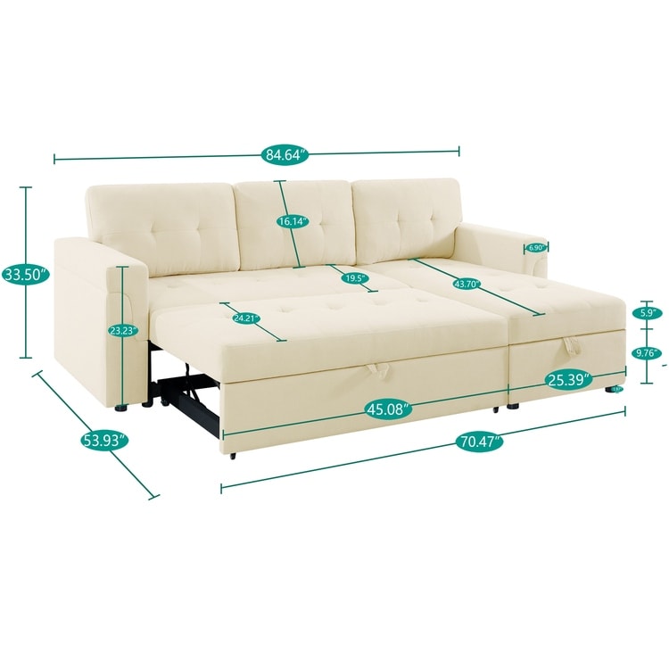 Canapé sectionnel convertible réversible avec lit gigogne, méridienne avec rangement dissimulé et pieds robustes